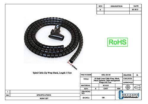 CableWholesale 5ft Split Loom Cable Wrap, Black, 30mm Diameter, Sprial Cable Zip Wrap, Cord Organizer Wraps with Tool, CableWholesale
