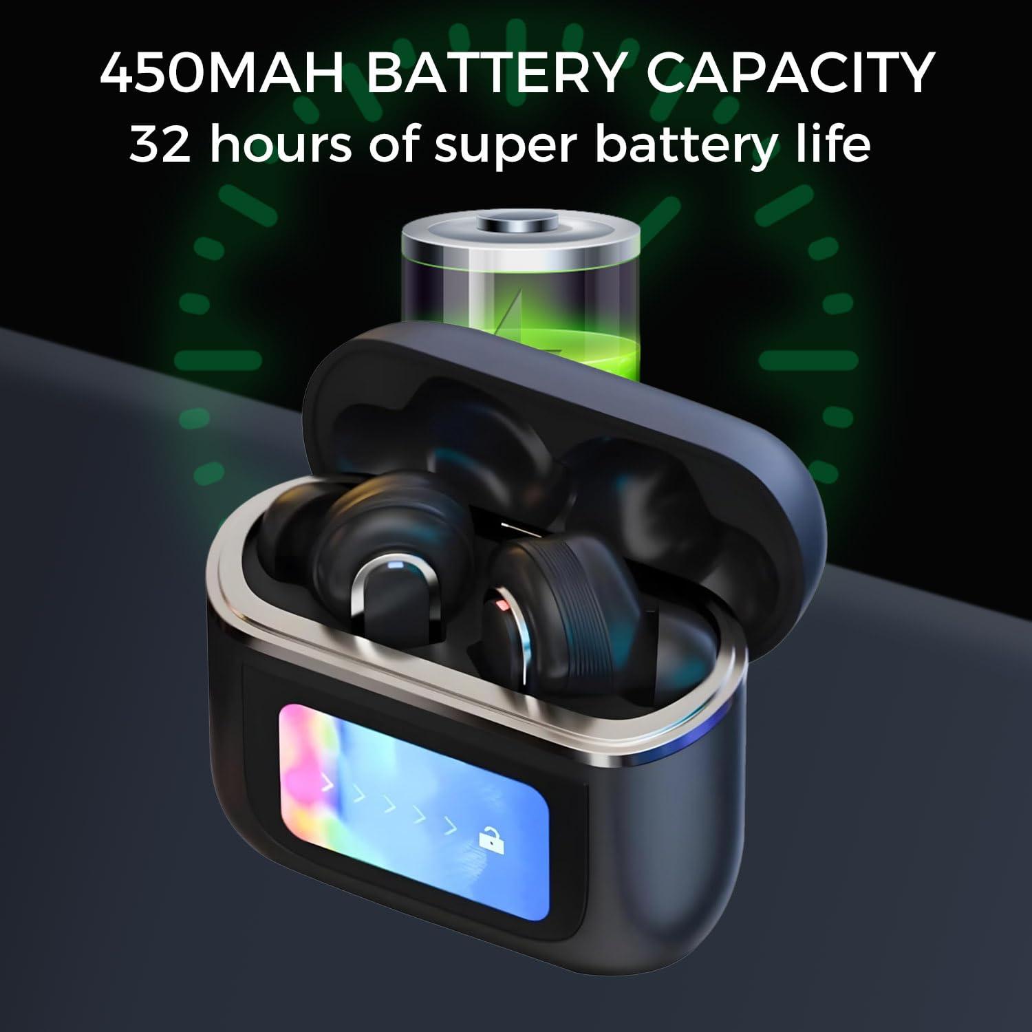 Alpha Digital Alpha Digital Wireless Earbuds with LCD Touch Screen, Bluetooth 5.3, Noise Cancelling, 1.47" Screen, 32H Playback, IP4 Waterproof, Lightweight, ANC & Transparency Mode, 450mAh Wireless Charging Case