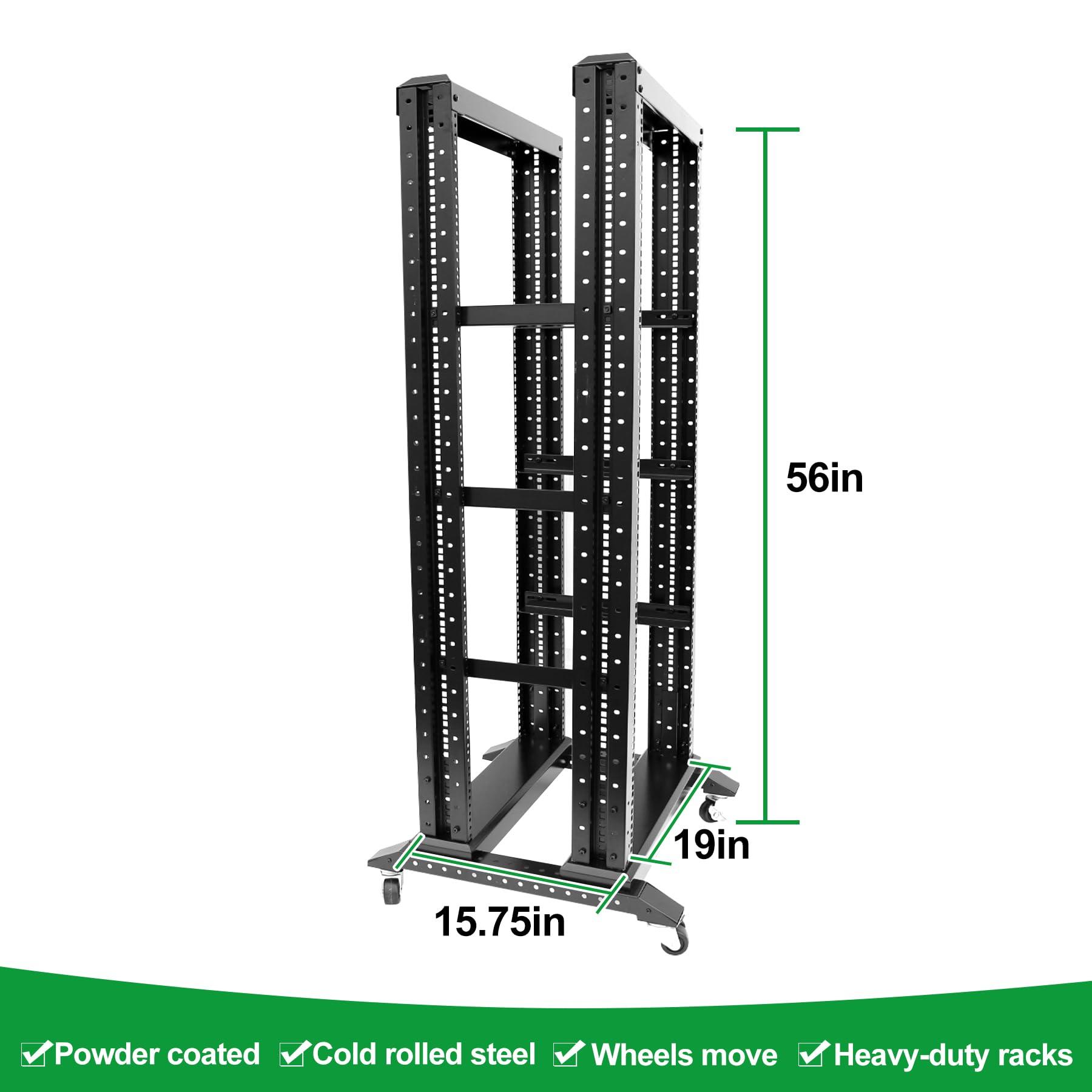 Global Rack 27U Server Rack/4-Post 19in Network Rack/Open Frame Rack with Wheels, Heavy-Duty Frame Cabinet/Adjustable Depth 15.75-13.75in GLOBALRACK(4POST-600-27U)