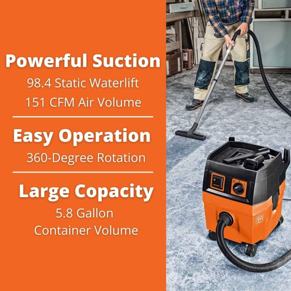 Fein Fein Turbo I Wet/Dry Dust Extractor - 5.8-Gallon Capacity, 151 CFM Suction, Anti-Static System, Quiet 66 dB Operation - Includes Hose and Filter - 92035236090