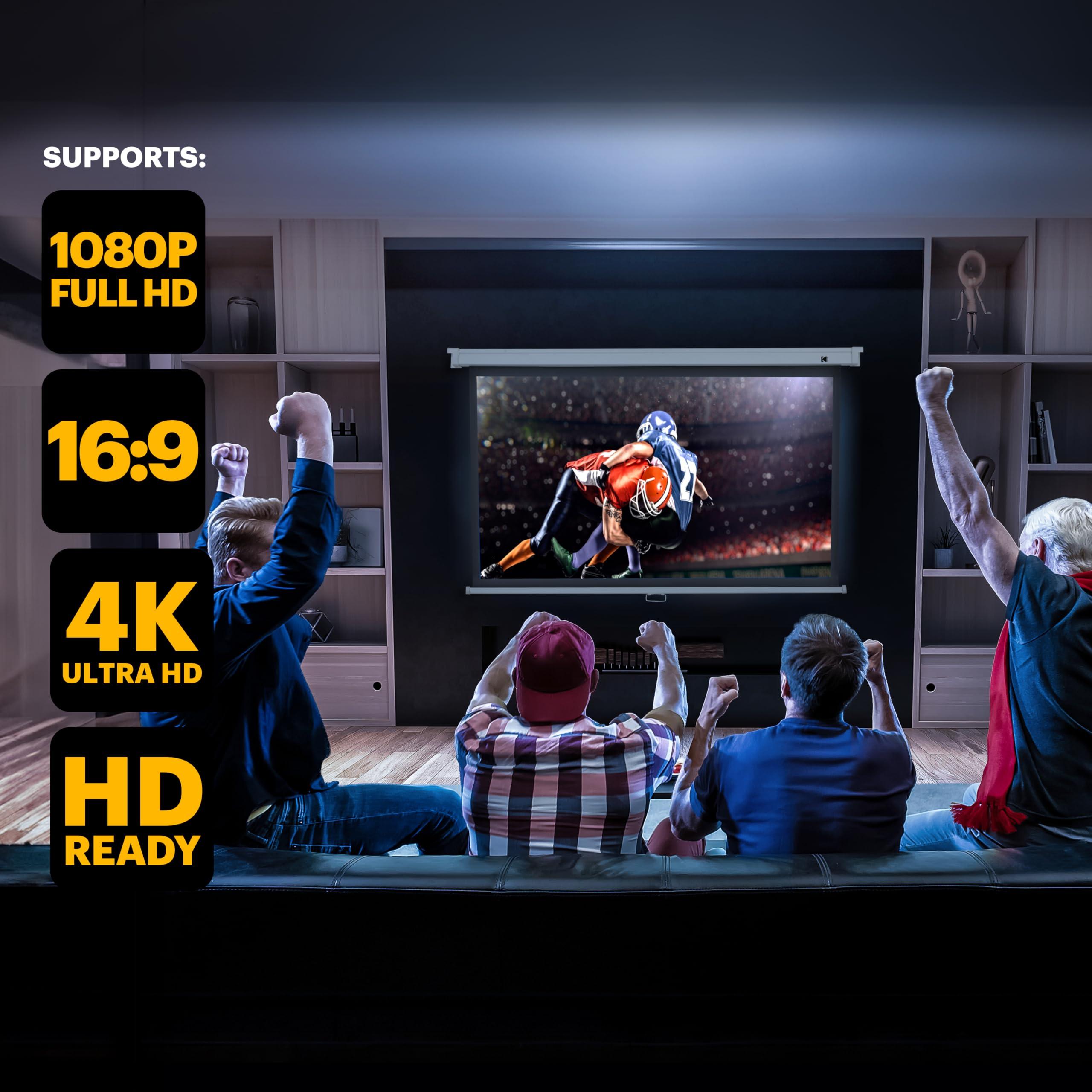 KODAK KODAK Manual Pull-Down White Projector Screen 80" Inch | Large 16:9 Office, Home Movie Theater Screen with Wall & Ceiling Mount Options, Easy-Clean Matte Fabric & Retractable Hanging Design | Indoor.