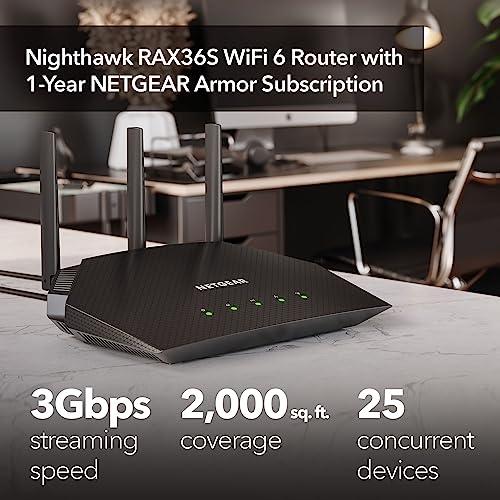 NETGEAR NETGEAR Nighthawk WiFi 6 Router (RAX36S) 4-Stream Gigabit Router AX3000 Dual-Band Wireless Speed (Up to 3Gbps) | Covers up to 2,000 sq. ft., 25 Devices | Includes 1-Year Armor Internet Security