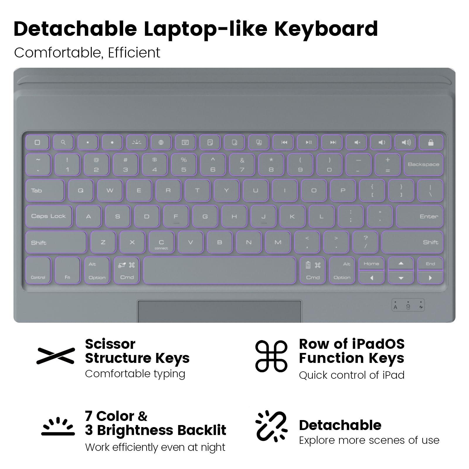 Nillkin Nillkin Keyboard Case for iPad Air 13-inch (M3 2025/M2 2024), iPad Pro 12.9-inch (6th/5th/4th/3rd Gen) Rugged Case with Detachable Keyboard, Magic Trackpad, 7-Color Backlit, Portrait/Landscape, Gray