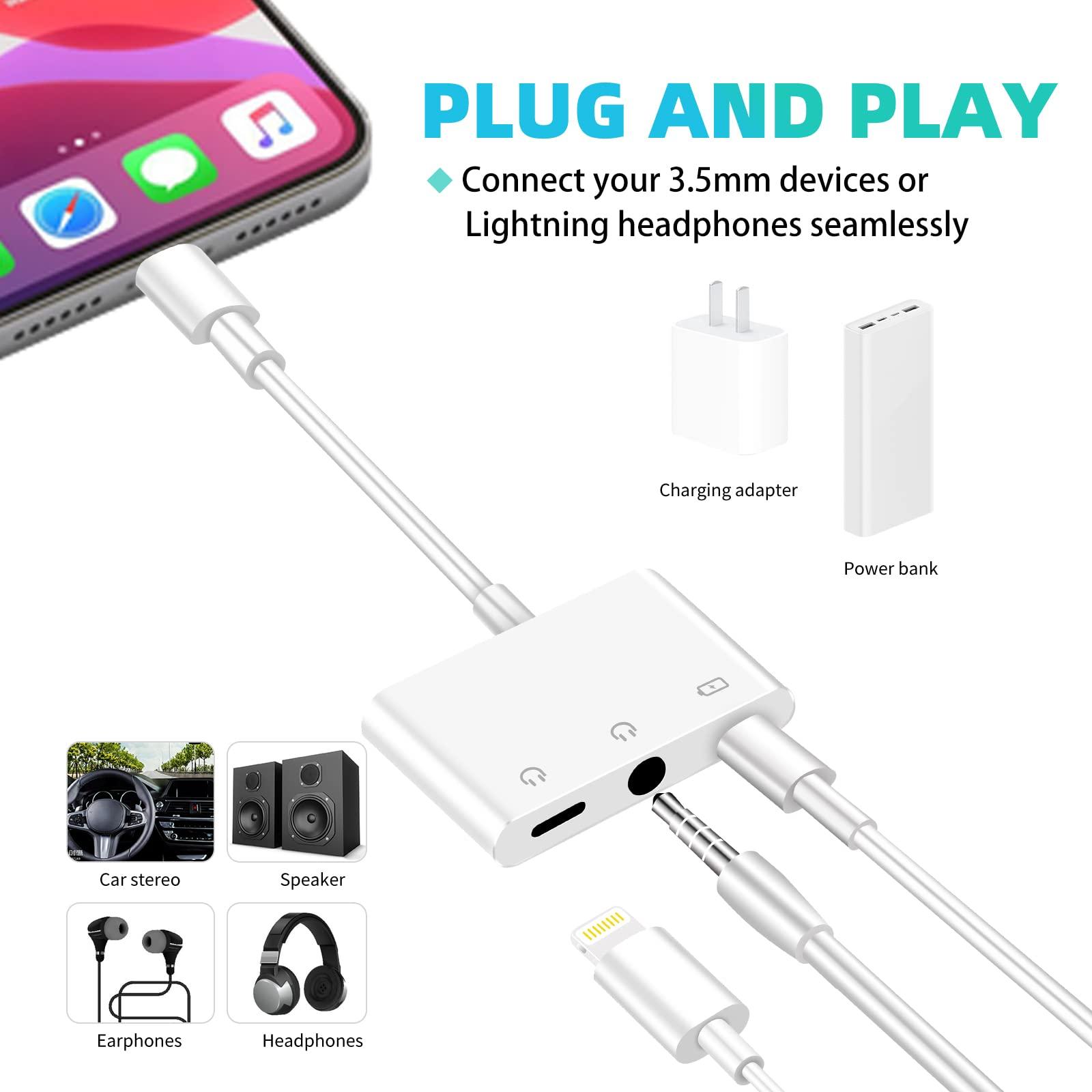 A-BST 3.5mm Headphone Splitter for iPhone iPad 3 in 1 Earphone Jack Adapter with Fast Charging Lightning Audio Jack Connector Compatible for iPhone 14 13 12 11 X XR XS 8 7 iPad