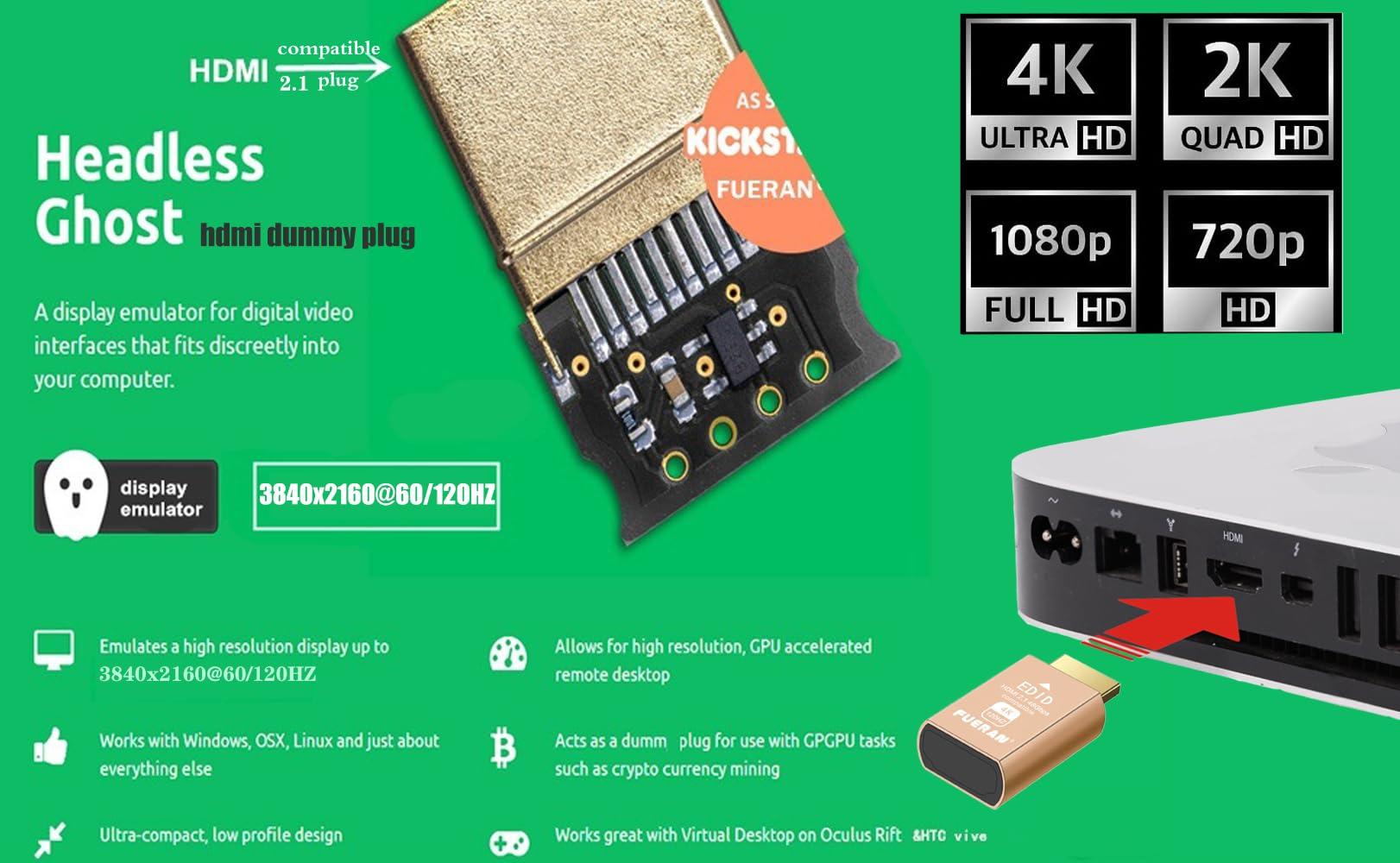 FUERAN FUERAN HDMI 2.1 Dummy Plug 4K@120Hz Virtual Display Emulator, Headless Adapter, HDMI Display Adapter, Supports 3840x2160@120Hz, 1440P@120Hz, 1080P@120Hz, EDID Emulator for GPU/Remote Desktop