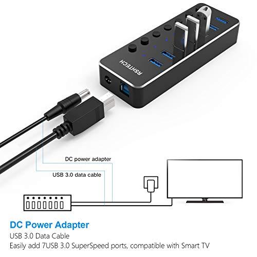 RSHTECH USB 3.0 Hub, RSHTECH 7 Port Powered USB Hub Expander Aluminum USB 3.0 Data Port hub with Universal 5V AC Adapter and Individual On/Off Switches USB Splitter for Laptop and PC(Black)