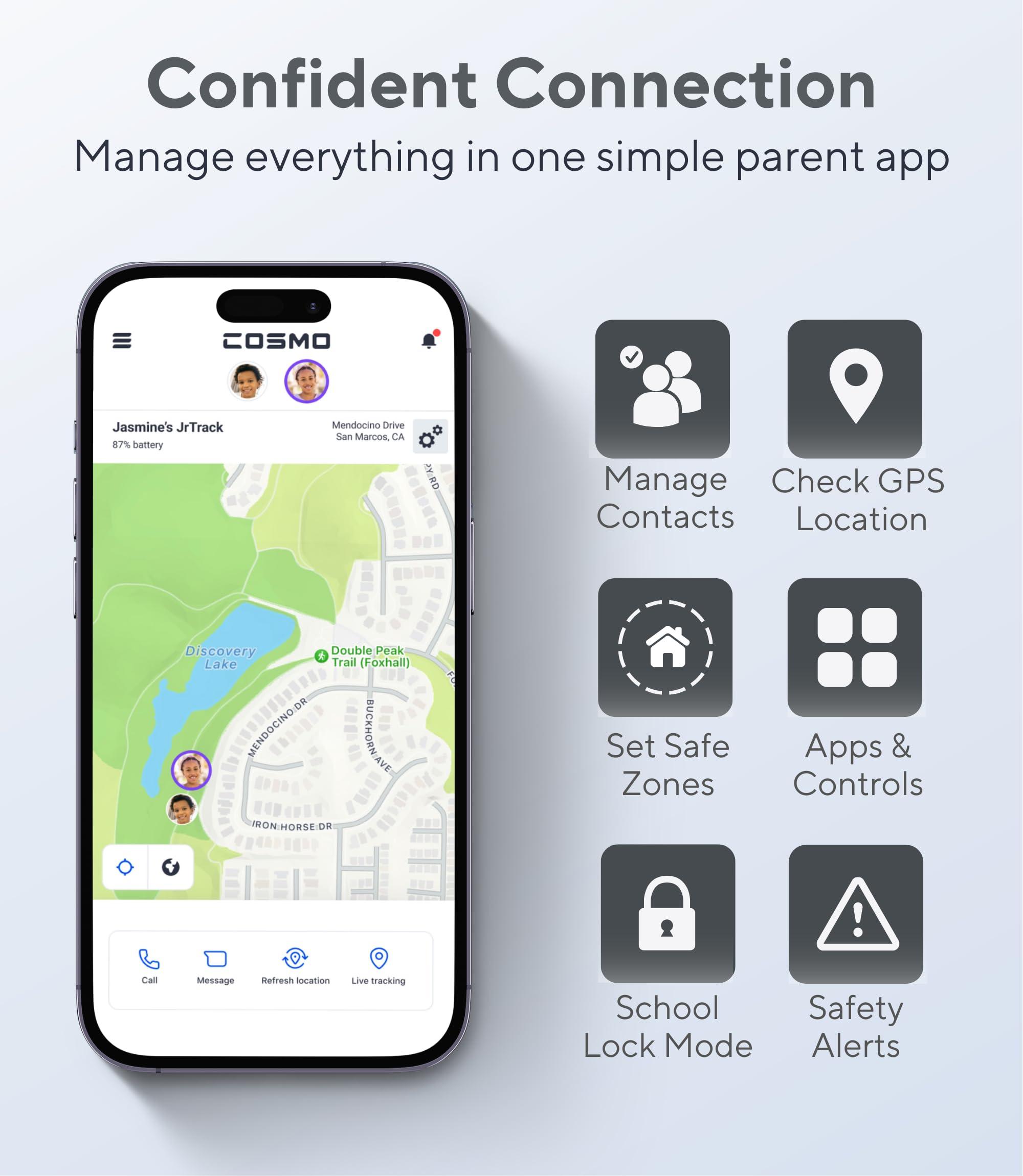JrTrack JrTrack 4 Kids Smart Watch by Cosmo | Phone Watch & GPS Tracker | Enhanced Parental Controls | Call, Text, Activity, School Lock | Spotify Music | SIM Card Included | SOS & Safety Alerts | (Black)