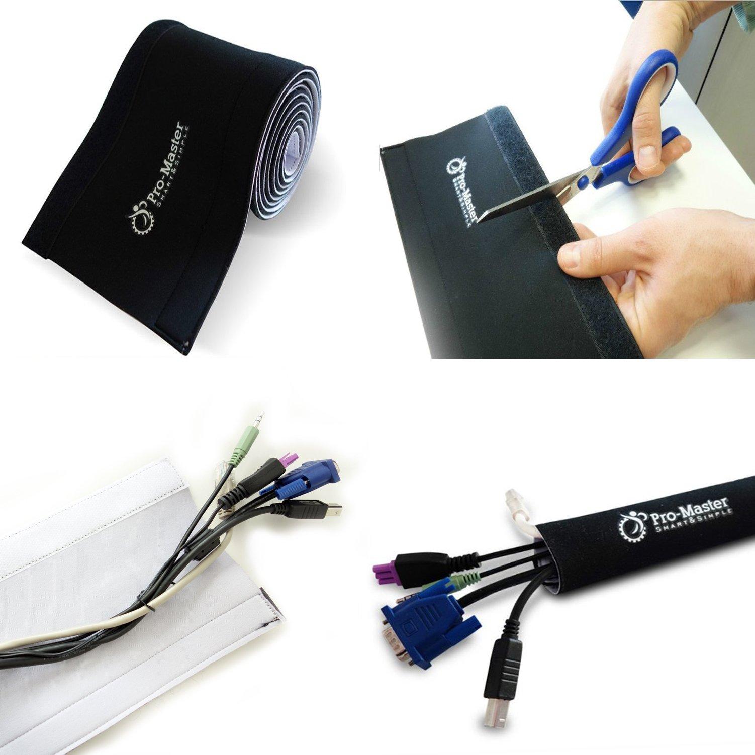 ProMaster Premium 120" Cable Management Sleeve, Best Cords Organizer for TV On Wall, Computer, Office, DIY Adjustable Reversible Black and White Neoprene Cord Hider Wire Cover Concealer Wrap with Free Zip Ties