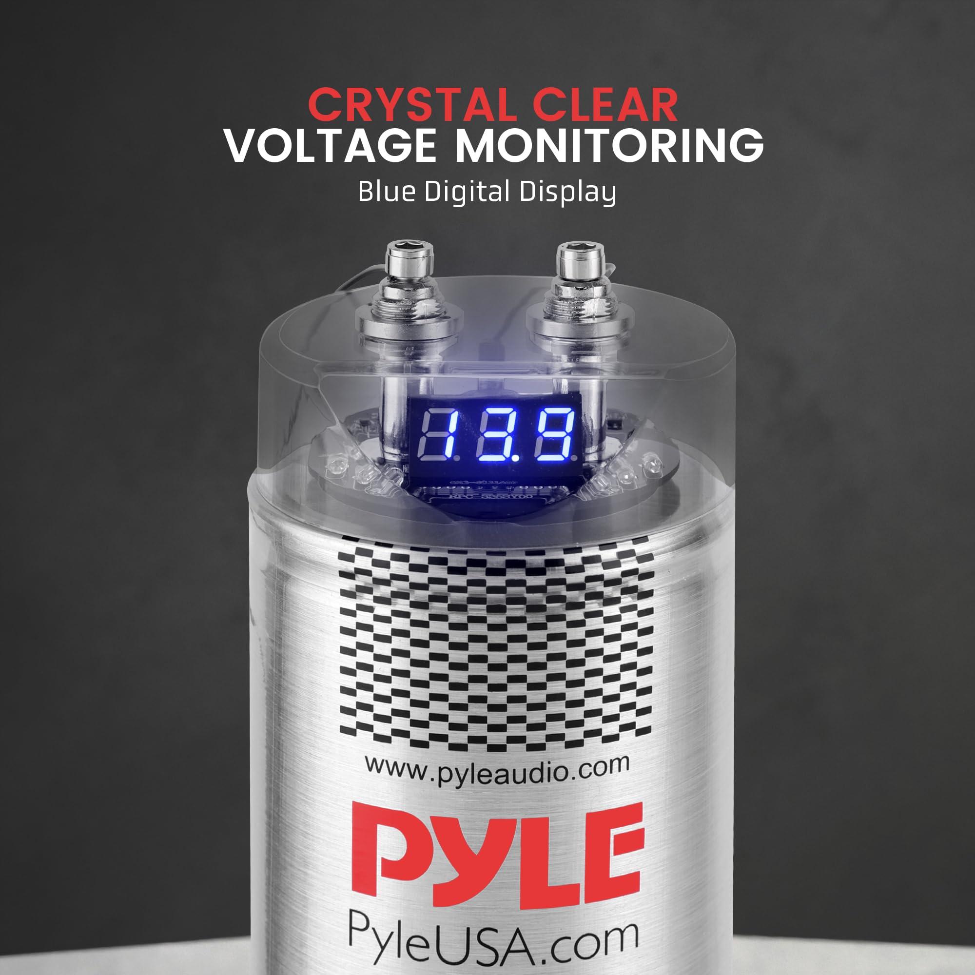 Pyle Pyle 5.0 Farad Digital Power Capacitor - High-Performance Car Audio Accessory with Blue Digital Display, Voltage Readout, Over Voltage Protection, Mounting Hardware, DC 12-24V - PLCAPE50