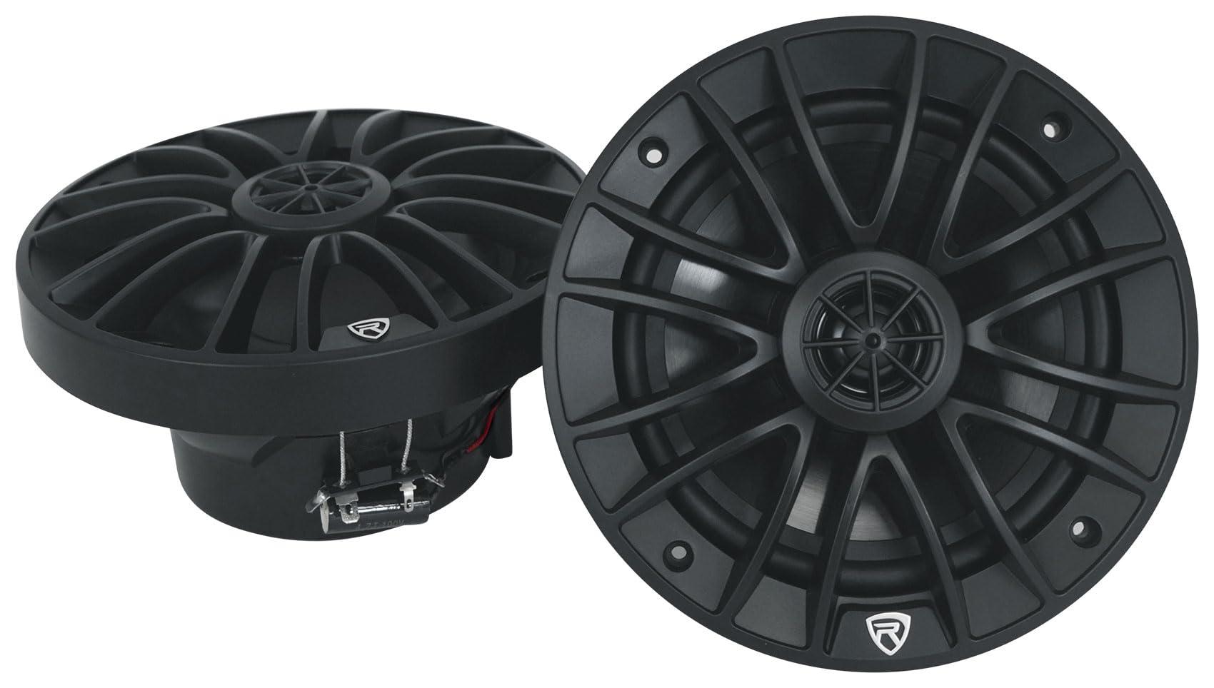 Rockville Rockville Pair RM-PREMIUM-65 Black 6.5\" 600w Marine Boat Speakers Bundle DBM25 1400 Watt 2 Channel Marine/Boat Amplifier RMWK4 Amp Install Wire Kit (3 Items)