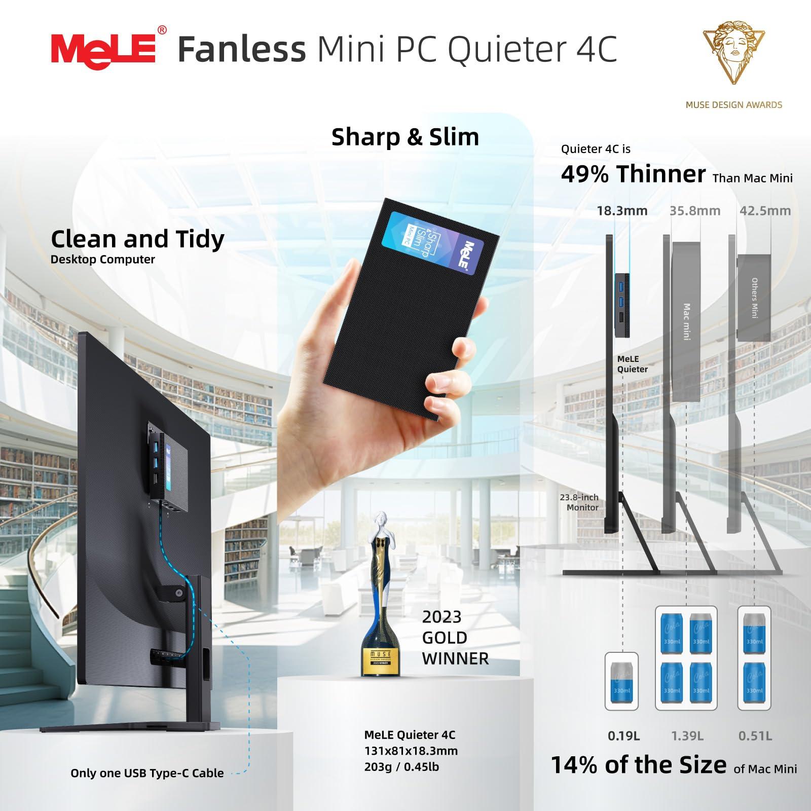 MeLE MeLE Mini PC Quieter 4C - 12th Gen N100, Fanless PC, 8GB Memory, 128GB Storage, 2.4/5G Wi-Fi, Full-Functional USB-C, 4K Triple Display Desktop PC on Home, Office, Education, Astrophotography