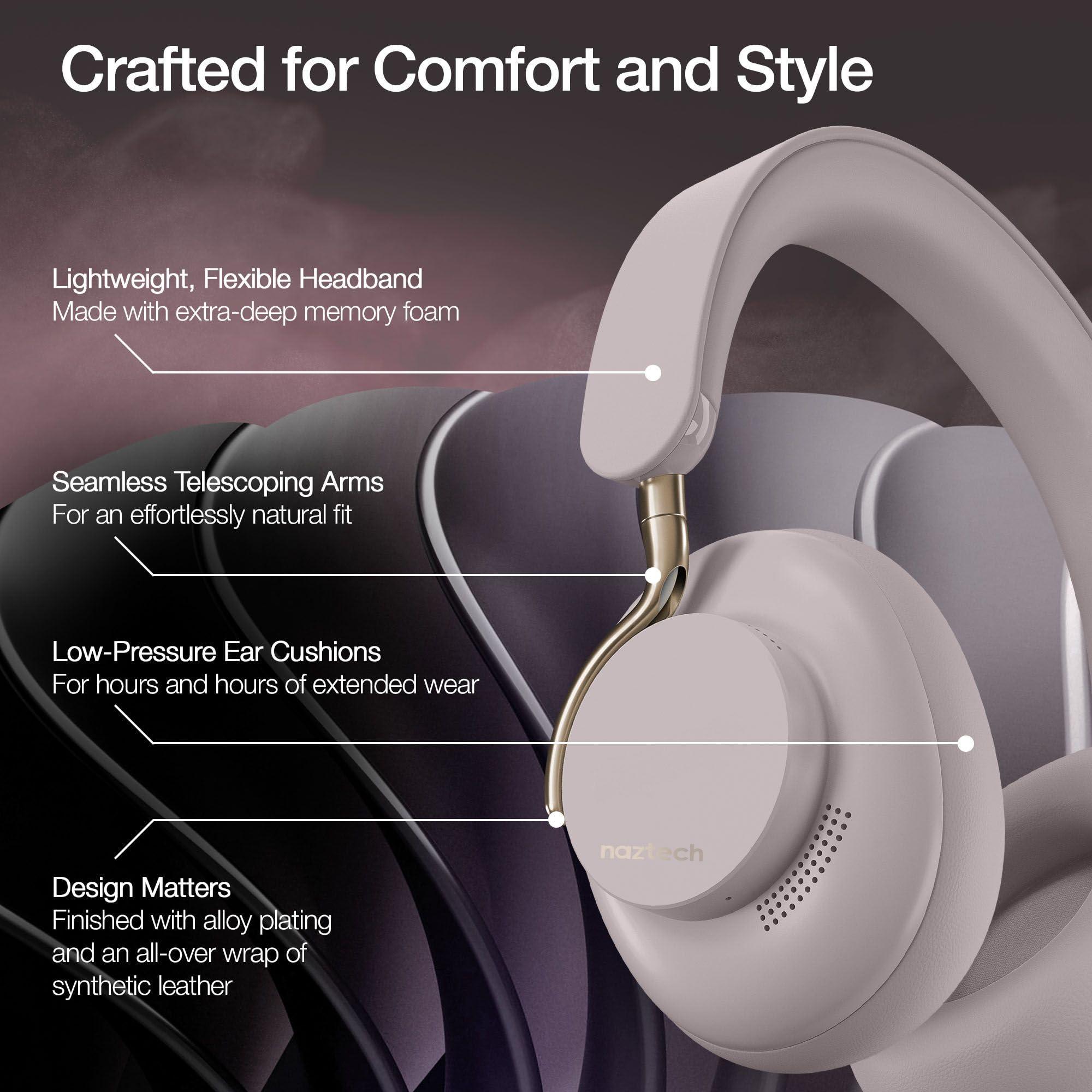 Naztech Naztech Aura 360 Moondust 24HR ANC Over Ear Headphone Wireless, Noise Cancelling Headphones Over Ear, Bluetooth Headphone Gym, Active Noise Cancelling Head Phones, Multipoint Connection Dual Voice Mic