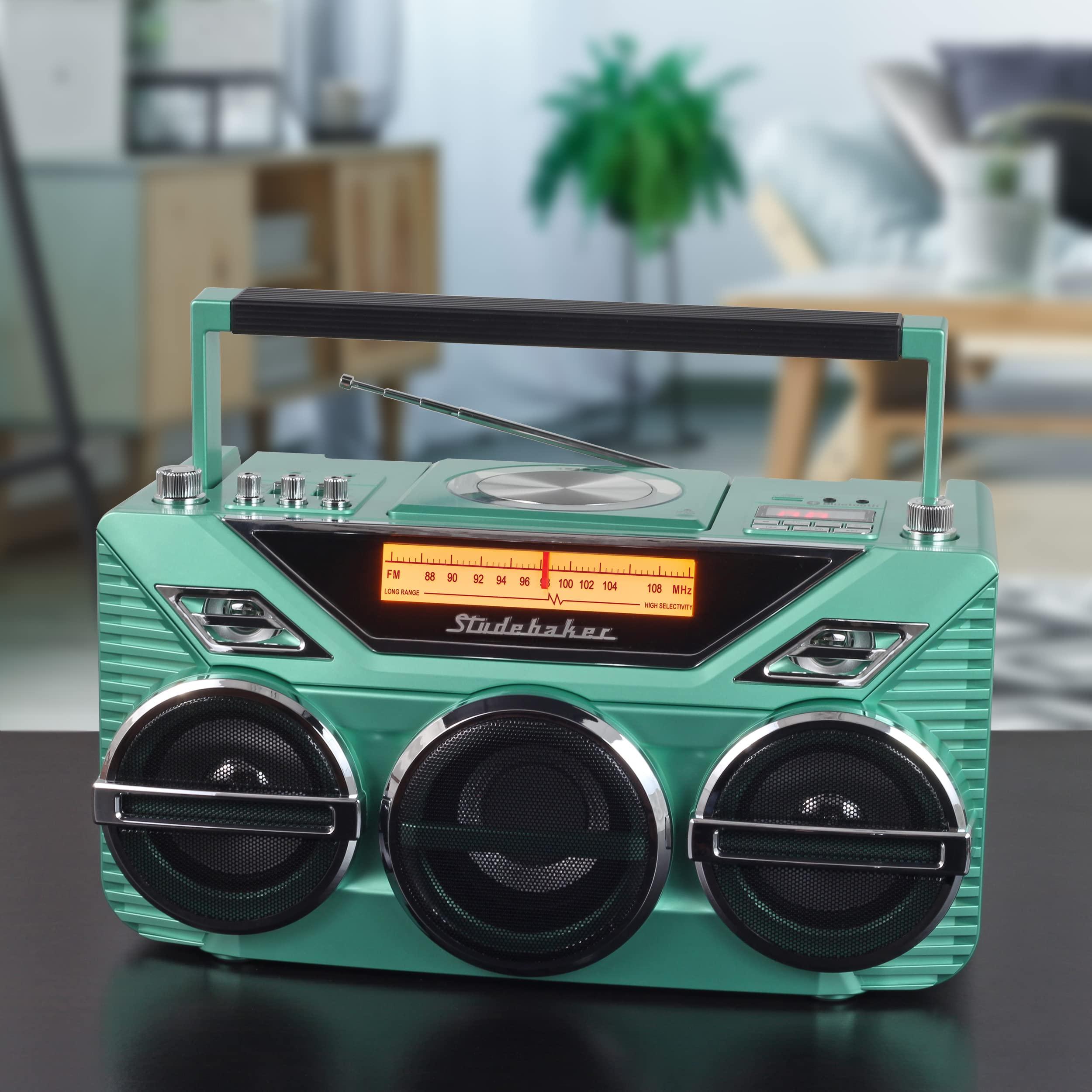 Studebaker Retro Studebaker Avanti Stereo Boombox with CD, FM Stereo Radio, Bluetooth Receive and Transmit, LED Light Show and 15W Subwoofer for High Power Bass (Teal)