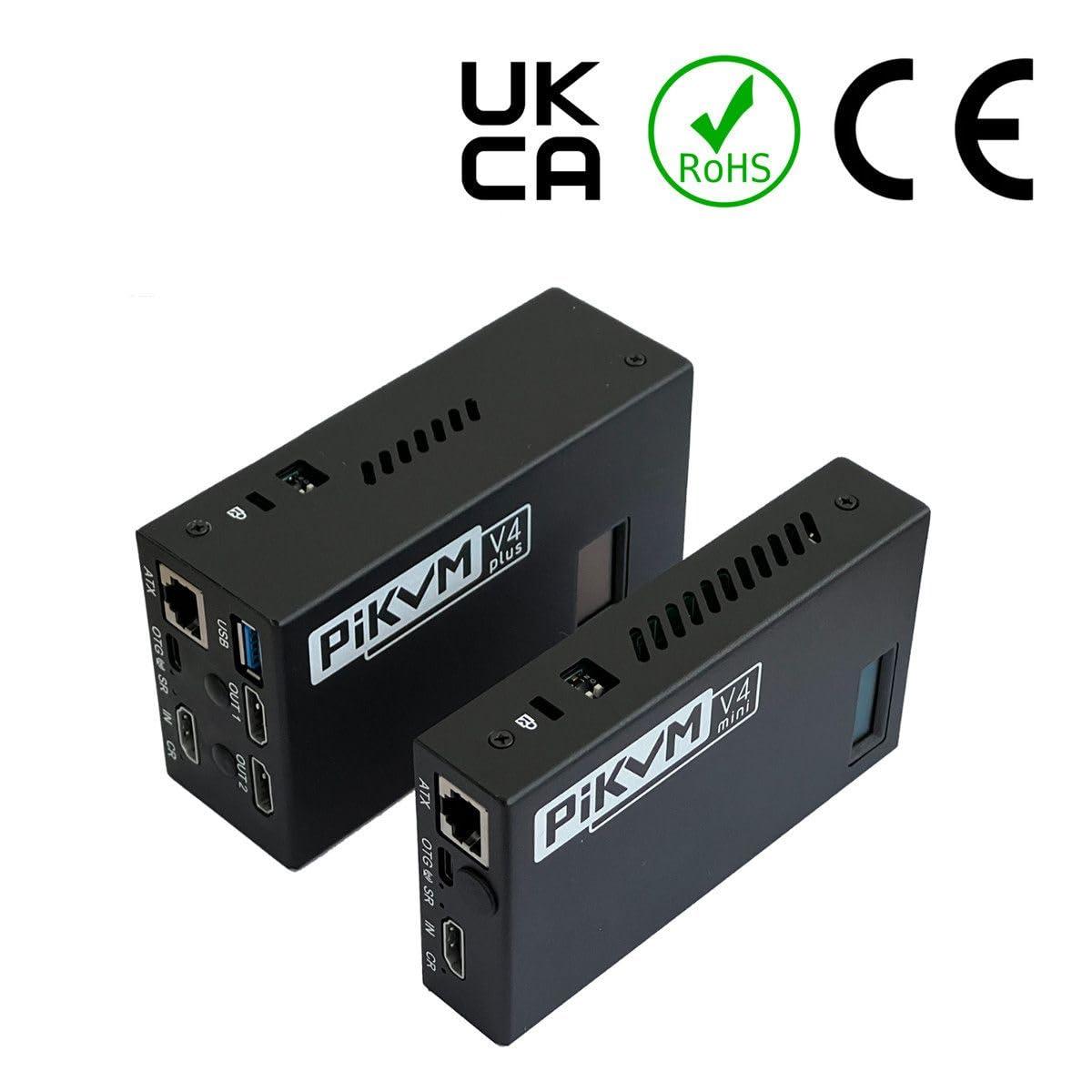 PiKVM PiKVM V4 Plus IP KVM - Raspberry Pi Based KVM Over IP - HD Video - Install OS Via UEFI/BIOS Control - USB 3.0 Storage - Remote Control Keyboard, Video, Mouse - HDMI, OLED Display, & Metal Enclosure