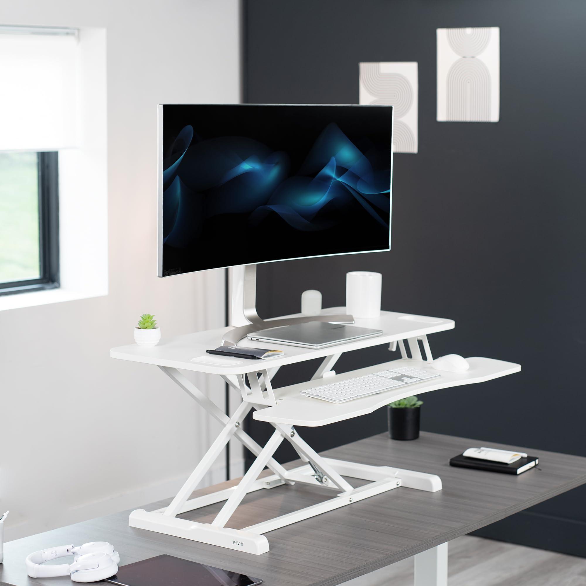 VIVO VIVO 38 inch Desk Converter, K Series, Height Adjustable Sit to Stand Riser, Dual Monitor and Laptop Workstation with Wide Keyboard Tray, White, DESK-V037KW