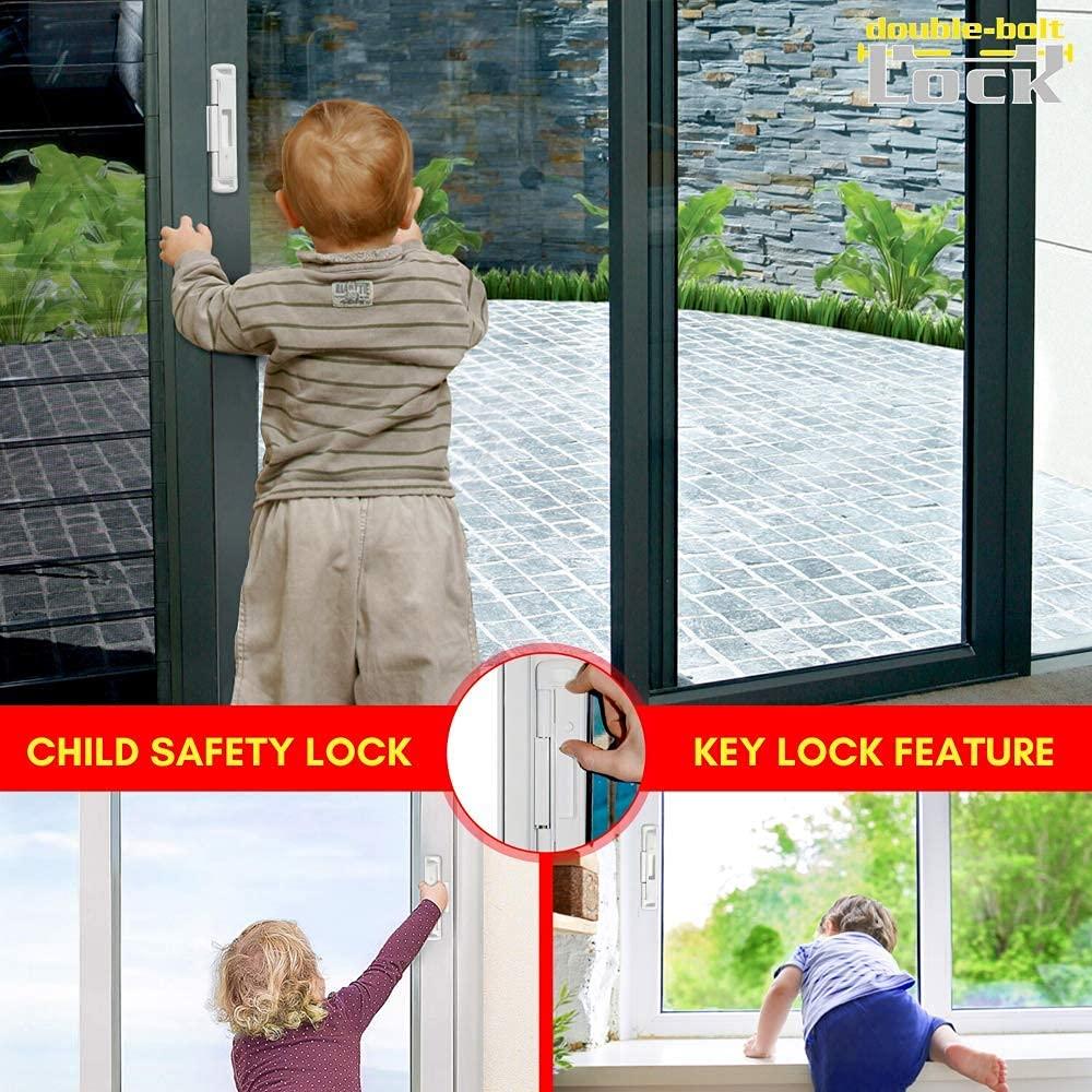 CAL Lock CAL Double Bolt Lock - Sliding Patio Door Locks - Child Proof Sliding Door Lock with Anti Lift Security Lock - Replaces Sliding Door Security Bar - Adjustable & Fits Most Doors (White)