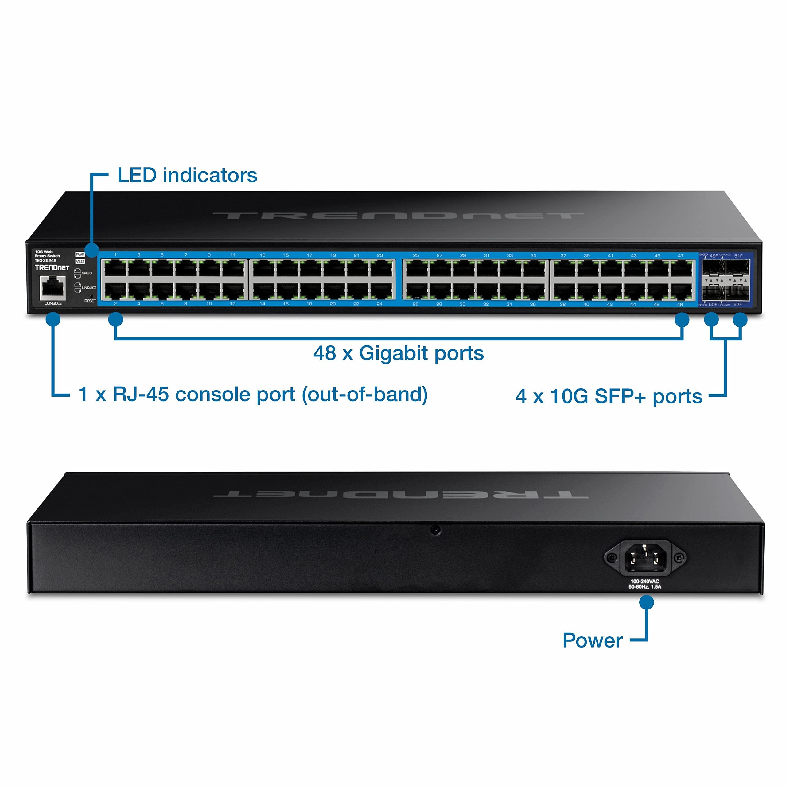 TRENDnet TRENDnet 52-Port Gigabit Web Smart Switch with 10G SFP+ Ports, TEG-3524S, 48 x Gigabit Ports, 4 x 10G SFP+ Ports, Network Ethernet Switch, Lifetime Protection, Black