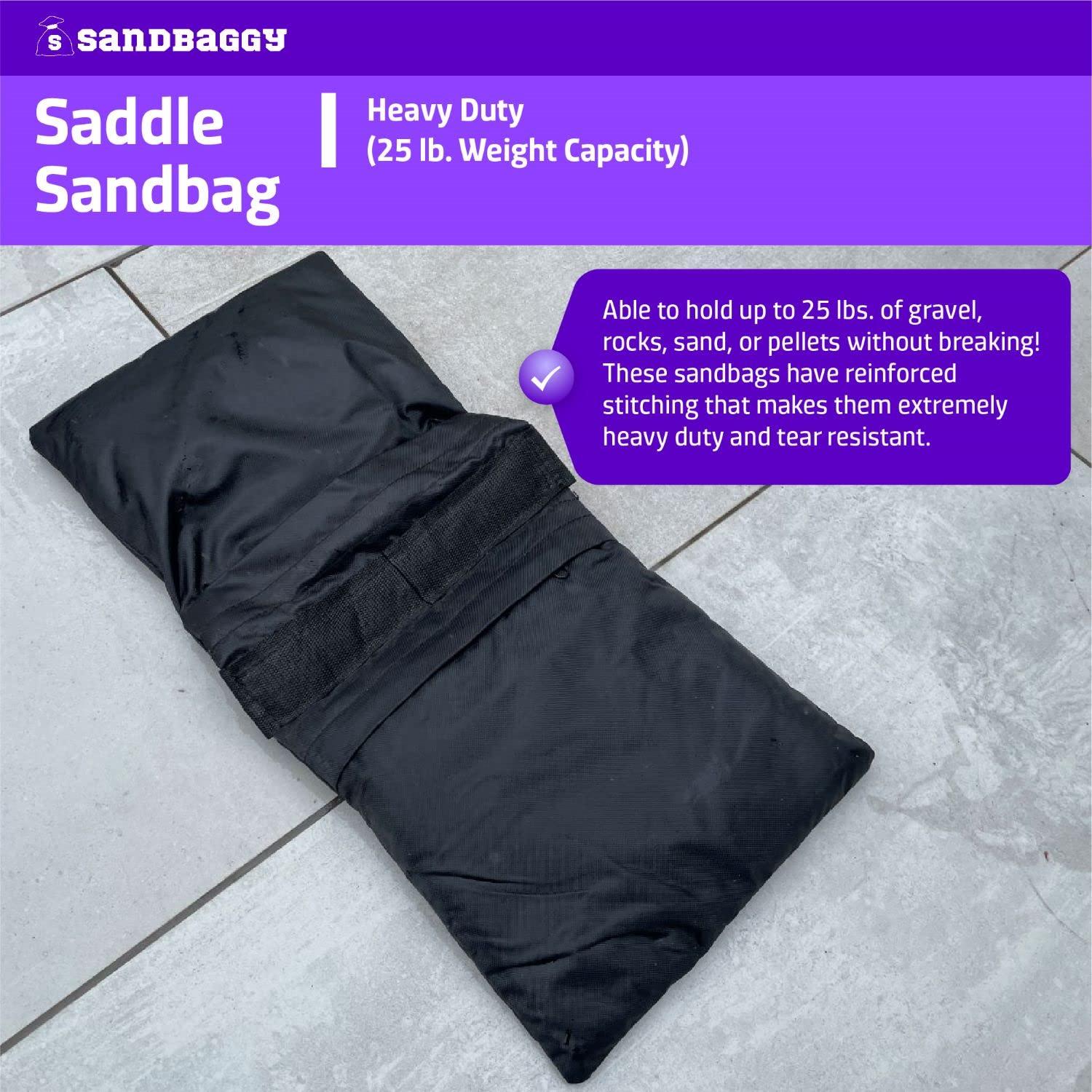 Sandbaggy Saddle Sandbags (Black) - Comes Pre Filled with 15 lbs. of Sand (25 lb. Weight Capacity) - Weights for Photography, Tents, Outdoor Equipment (1 Bag)