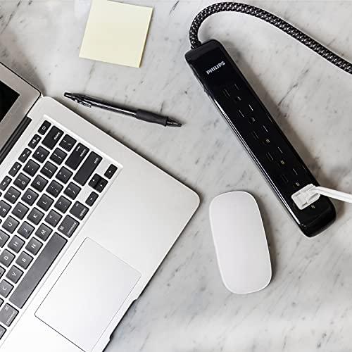 PHILIPS Philips 6 Outlet Surge Protector Power Strip, Designer Braided Power Cord, 10 Ft Power Cord, Flat Plug Extension Cord, Perfect for Office or Home Décor, 1080 Joules, ETL Listed, Black, SPC3064BG/37