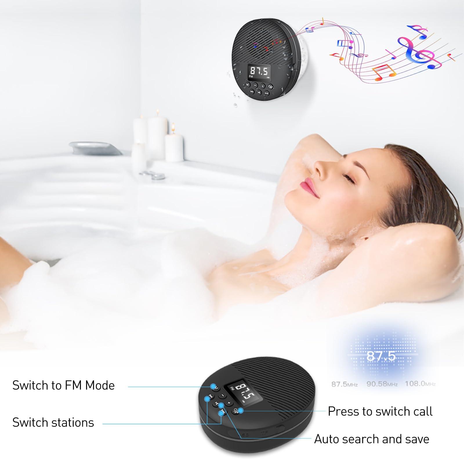 AGPTEK Shower Radio Speaker with Bluetooth 5.0, AGPTEK Waterproof Wireless Bathroom FM with Suction Cup 12H Long Playback Time, Lanyard, LCD Screen Display, Handsfree Calling, Storage Card Playback Black