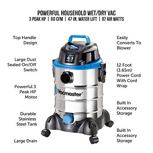 Vacmaster Vacmaster, VQ607SFD, 6 Gallon 3 Peak HP Stainless Steel Wet/Dry Shop Vacuum