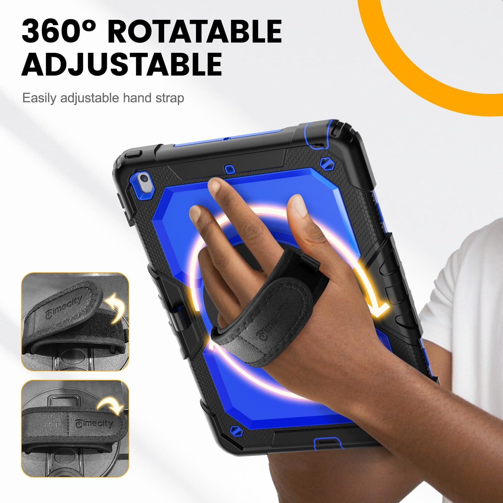 timecity Timecity Case for iPad 9th/ 8th/ 7th Generation 10.2 inch (Case for iPad 9/8/ 7 Gen): with Strong Protection, Screen Protector, Hand/Shoulder Strap, Rotating Stand, Pencil Holder - Dark Blue