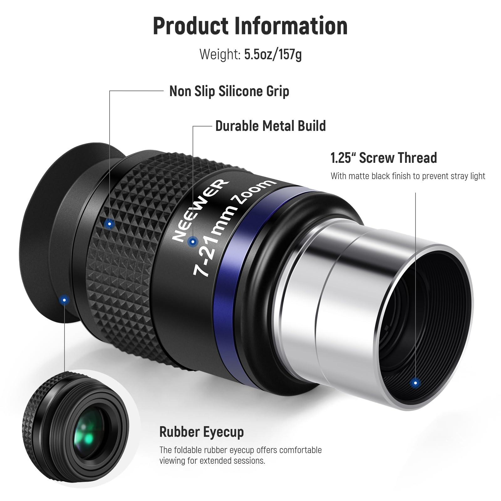 NEEWER NEEWER Zoom Telescope Eyepiece with 7-21mm Focal Length Range, 40-57 Field of View, 15mm Eye Relief, 5 Elements in 3 Groups for Astronomic Telescopes with 1.25 Inch Barrel, LS-T22