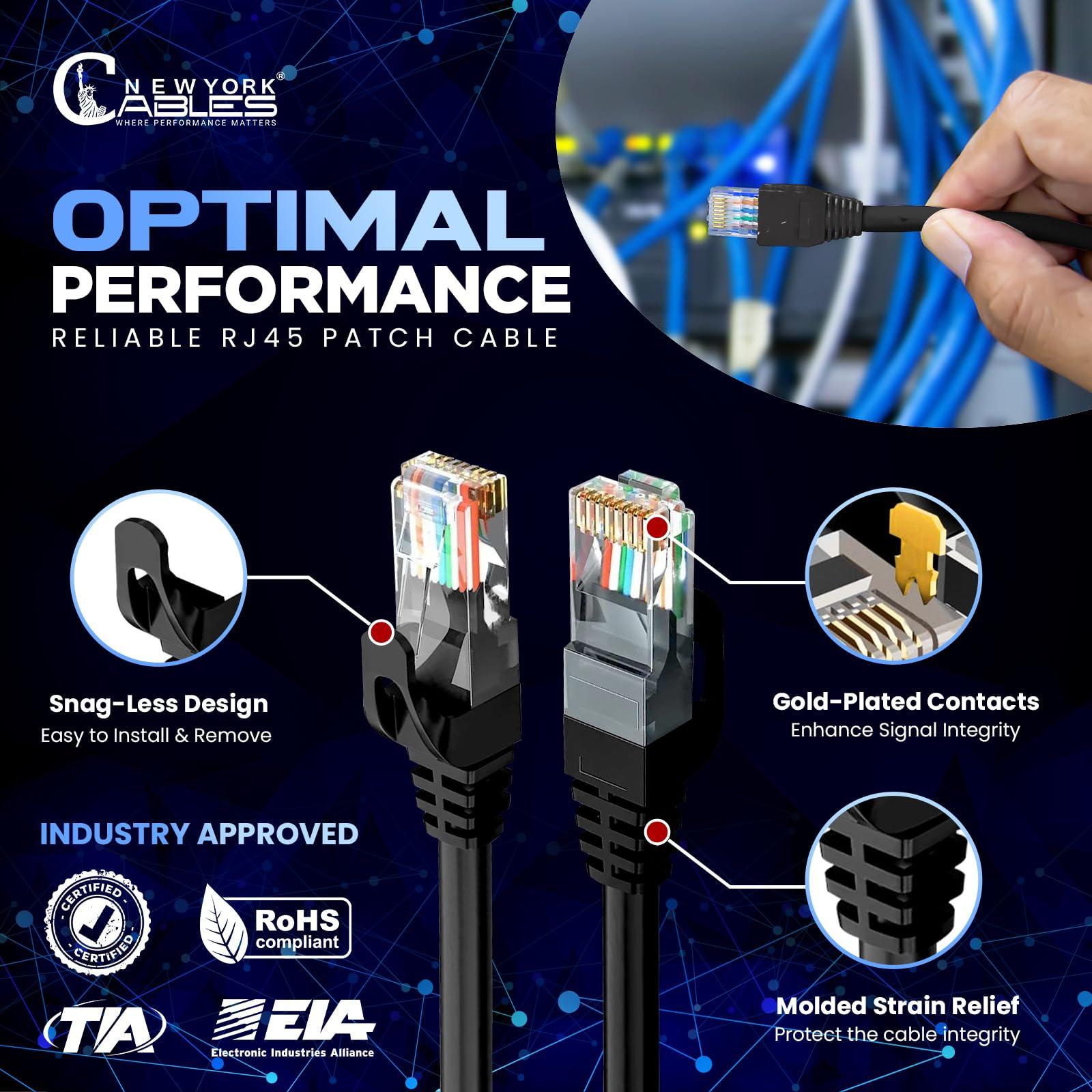 NewYork Cables NewYork Cables Cat6 Ethernet Patch Cable 1ft (5 Pack), Snagless Cat6 Patch Cables for Data Centers, 10Gbps, 550Mhz Ethernet Cord, Bare Copper Network Patch Cables for Home and Enterprise -Black