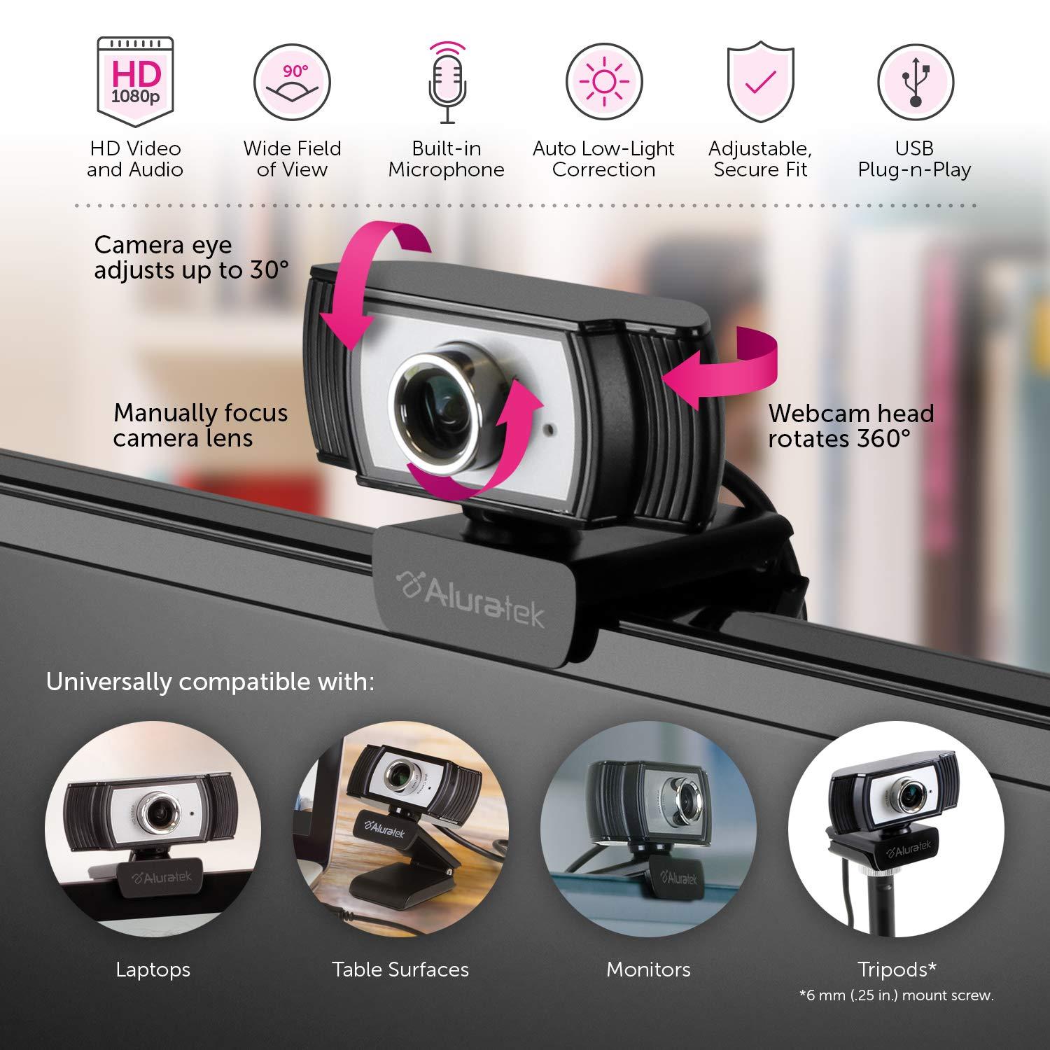 Aluratek Aluratek HD 1080P Video Webcam (AWC04F) Full HD Webcam with Built-in Microphone, Autofocus, and Adjustable Clip Perfect for Streaming, Video Calls, and Online Meetings Video and Audio