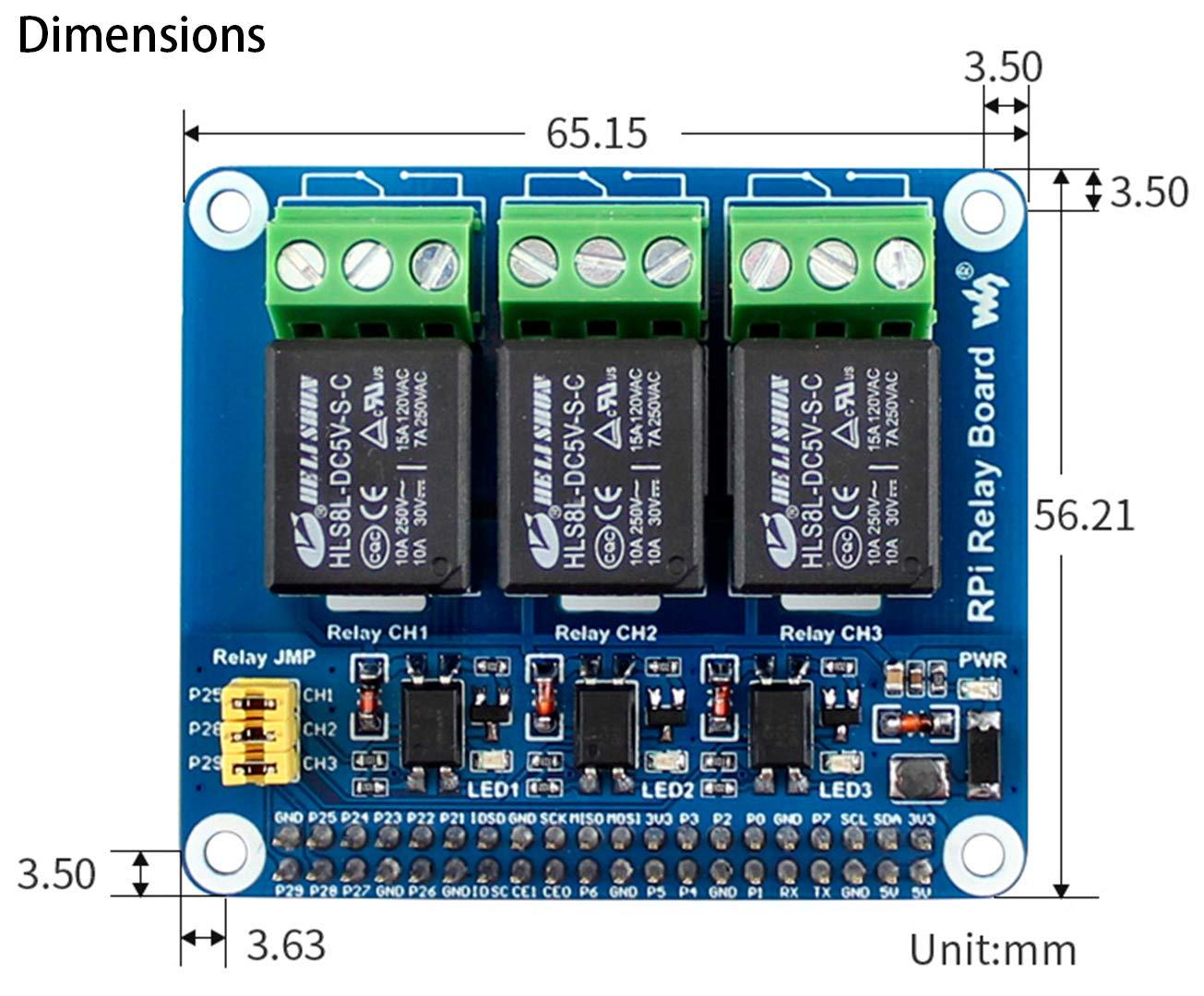 waveshare 3-CH RPi Relay Board RPi Expansion Board, Three Channel Power Relay Module Compatible with Raspberry Pi 5/4B/3B+/3B/Pi Zero W/Zero 2W/Pico/Pico W/Pico 2/Pico 2W, Loads up to 5A 250V AC or 5A 30V DC