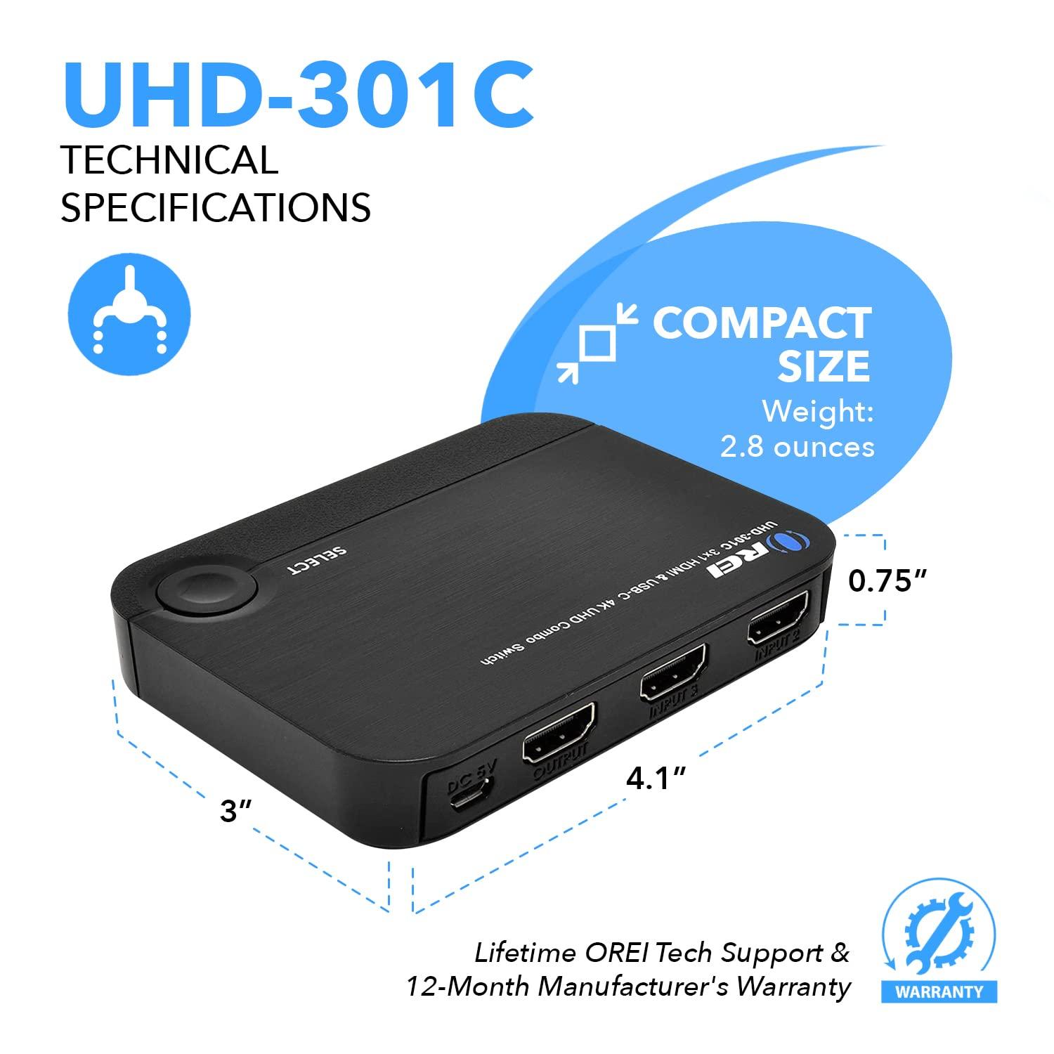 OREI OREI HDMI Switch 3 in 1 Out, Resolutions up to 4K@60Hz, 2 HDMI inputs & 1 USB-C 3. 1 Gen with DP Alt Mode Input to Connect Mobile Phones, Tablets, Laptop Notebooks, iPads, Mac and More (UHD-301C)