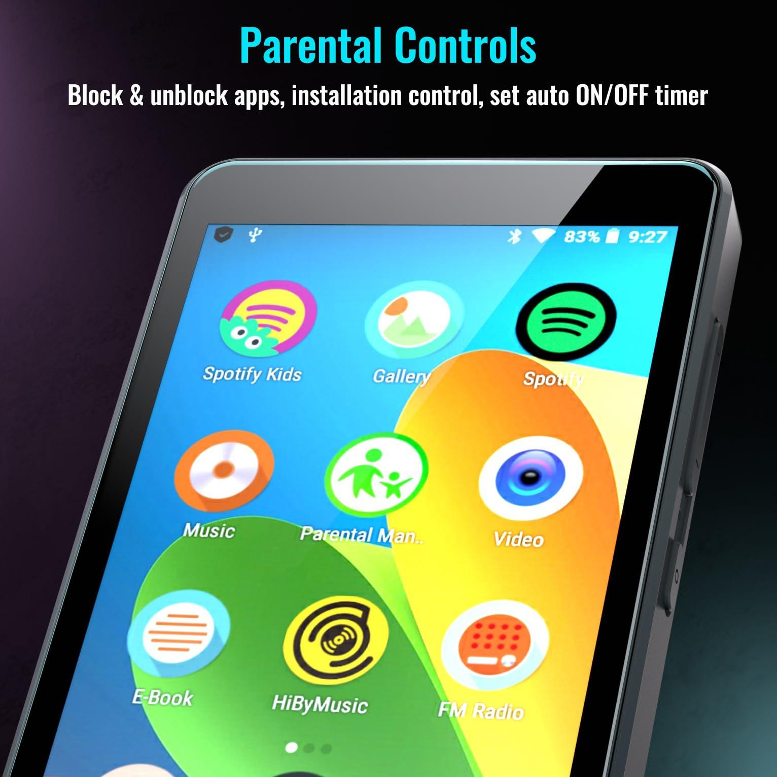 Luoran Kids MP3 Player with Parental Controls, Spotify Kids, Spotify, Audible, Amazon Music, 4.0\" IPS MP4 Music Player Up to 256GB (Black)