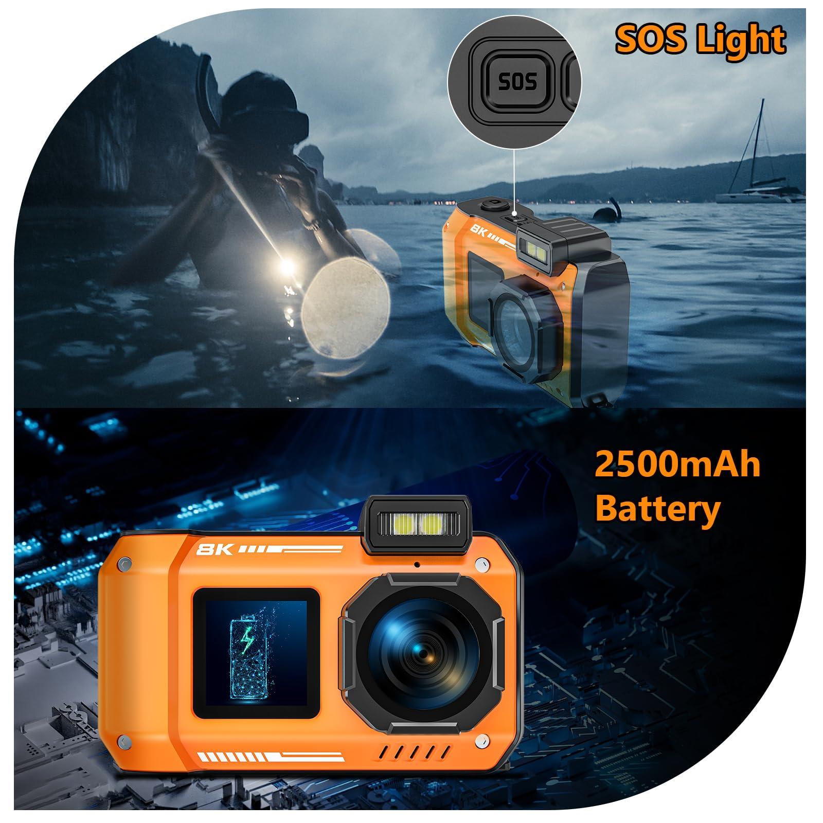 SPUNALP 8K UHD Underwater Camera 33FT Autofocus 70MP Rugged Dustproof Shockproof Digital Waterproof Dual-Screen Selfie Underwater Photograph Camera with 32GB Card, Orange