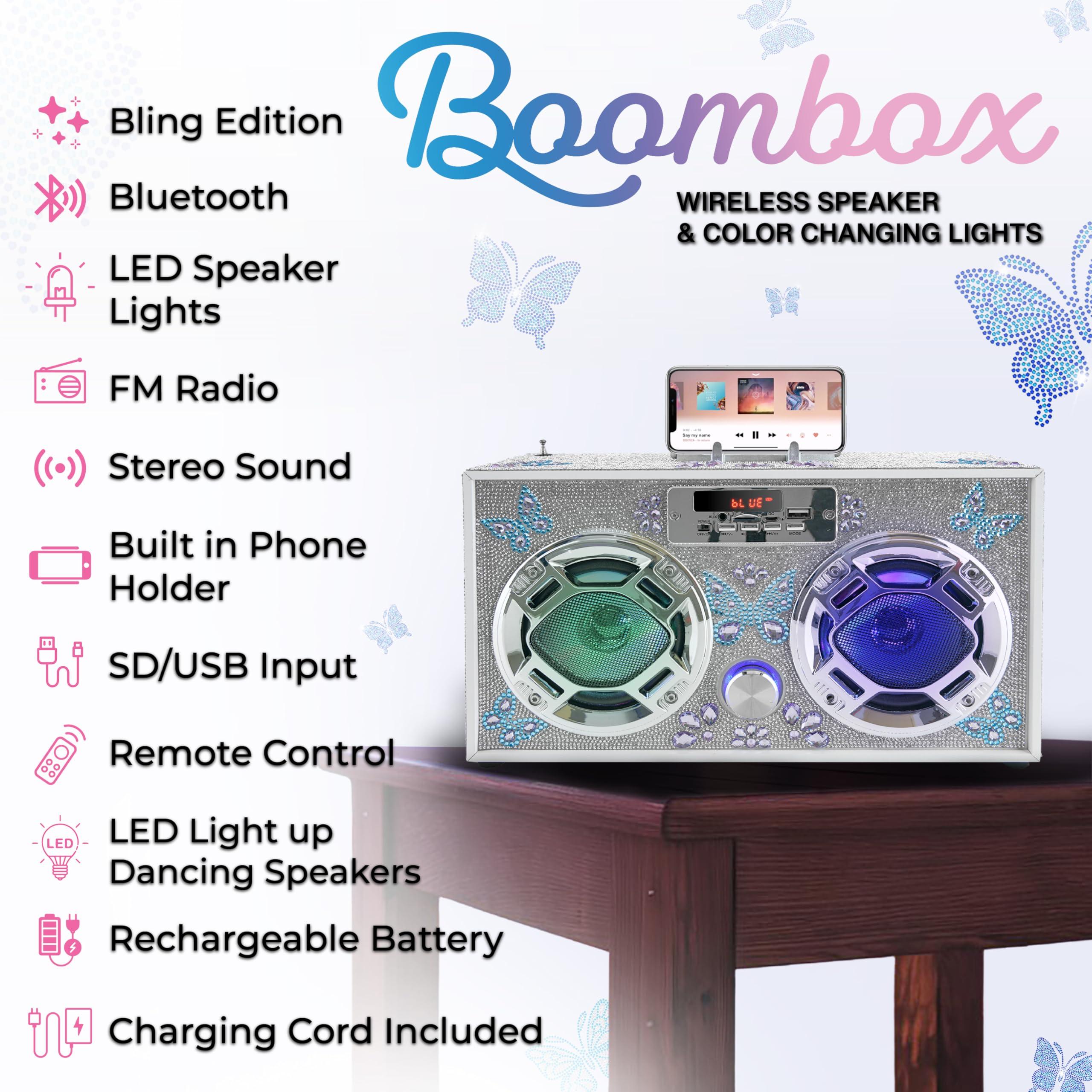 Wireless Express Wireless Express - Portable Party Speaker: Retro Boombox with Bluetooth, LED Light Show, Enhanced FM Radio, Rechargeable Battery (Butterfly Silver Bling)