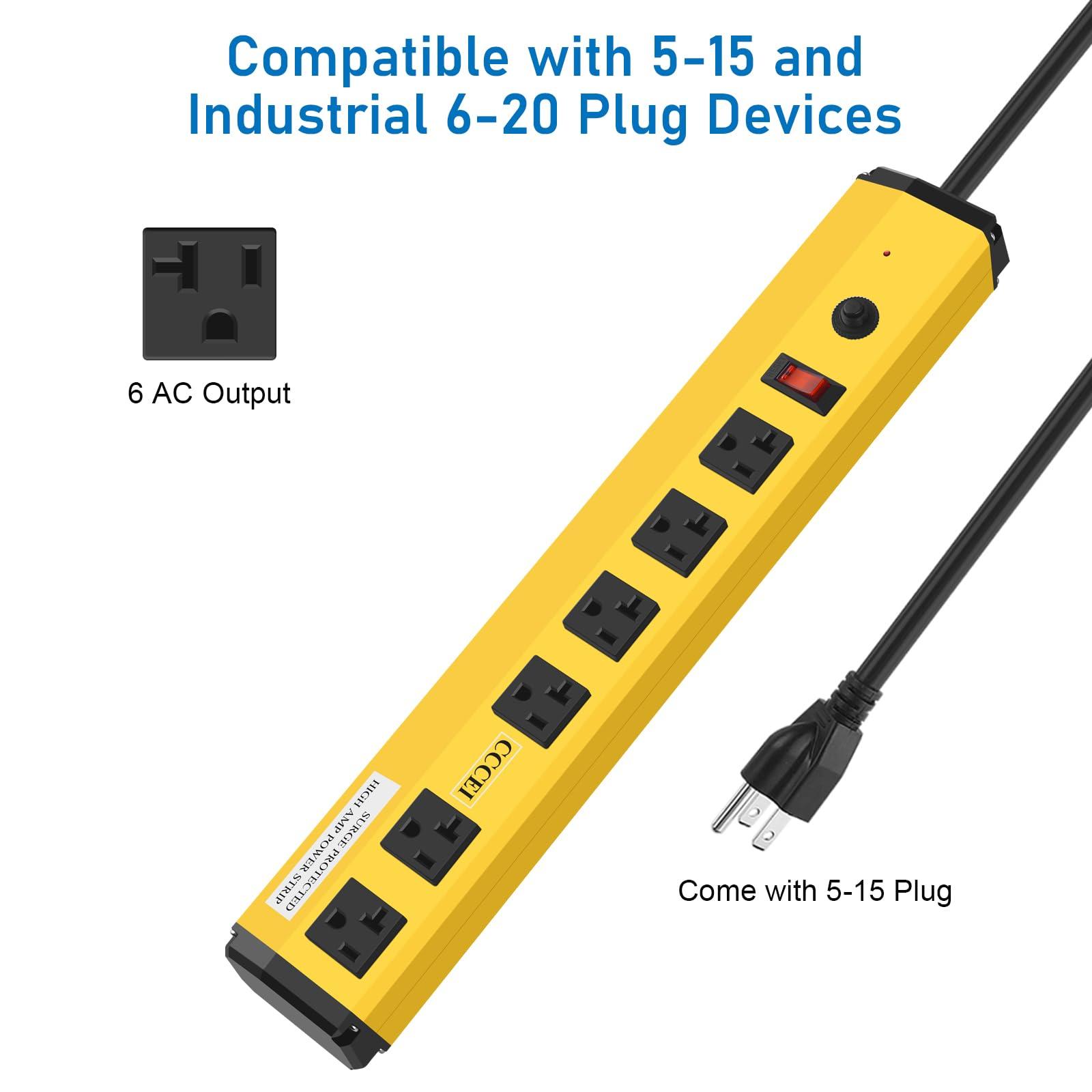 CCCEI CCCEI Heavy Duty Power Strip Surge Protector 20 Amp, High Amp Industrial Shop Garage Metal Multiple Outlets, 4 FT 12 Gauge 5-15P Extension Cord 6 Outlet 6-20R T-Slot 20a for Appliance, Yellow.