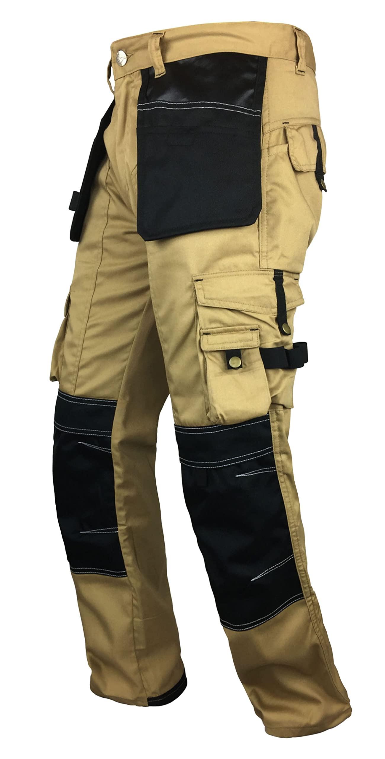 FASHIO FF FASHIO FF Men\'s Cordura Work Pants Tactical Trousers with Utility Tool Pockets Heavy Duty Reinforced Carpenter Safety Pants S1 Khaki W38-L34