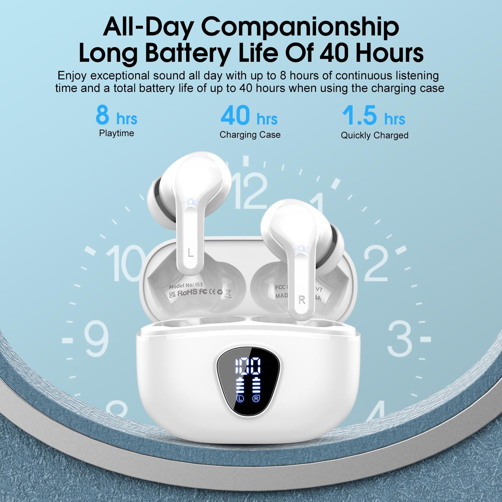 BESNOOW Wireless Earbuds Bluetooth 5.3 Headphones, 40H Playback HiFi Stereo Ear Buds with LED Display, ENC Noise Cancelling Earbuds, IP7 Waterproof in-Ear Earphone for iOS Andriod Sport/Workout/Running/White