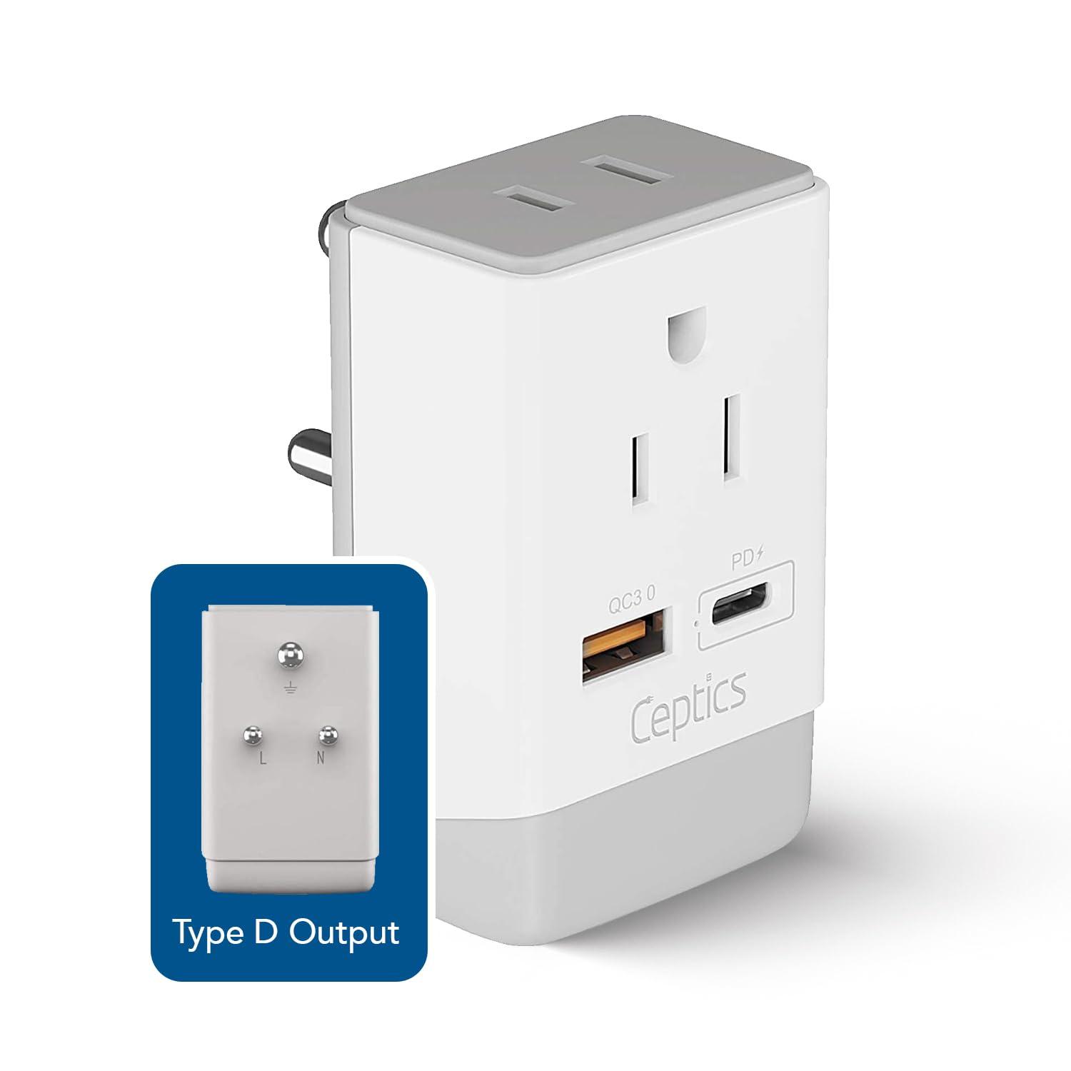 Ceptics Ceptics US to India Plug Adapter, Type D Plug Adapter QC 3.0 & PD, Safe Dual USB & USB-C 18W, India Plug Adapter Fast Charging - Powerful 2 USA Sockets - Use in Pakistan Nepal Sri Lanka - AP-10