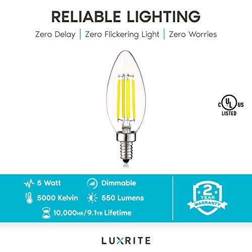 LUXRITE LUXRITE Vintage Candelabra LED Bulb 60W Equivalent, 550 Lumens, 5000K Bright White, LED Chandelier Light Bulbs 5W, Dimmable, Torpedo Tip Clear Glass, Filament LED Candle Bulbs, E12 Base (12 Pack)