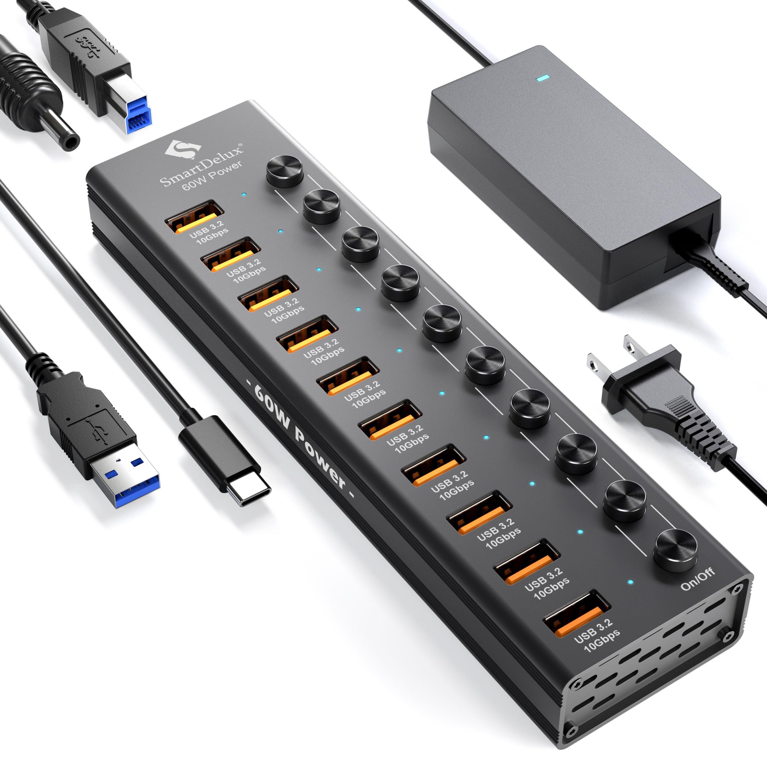 SmartDelux Powered USB 3.2 to Type-A, Type-C Hub, SmartDelux 10Gbps 10 Port Adapter, Individual LED Switches end High-Speed Data Transfer, Power Adapter 60W, USB Extension for Laptop, Flash Drive, PC and More