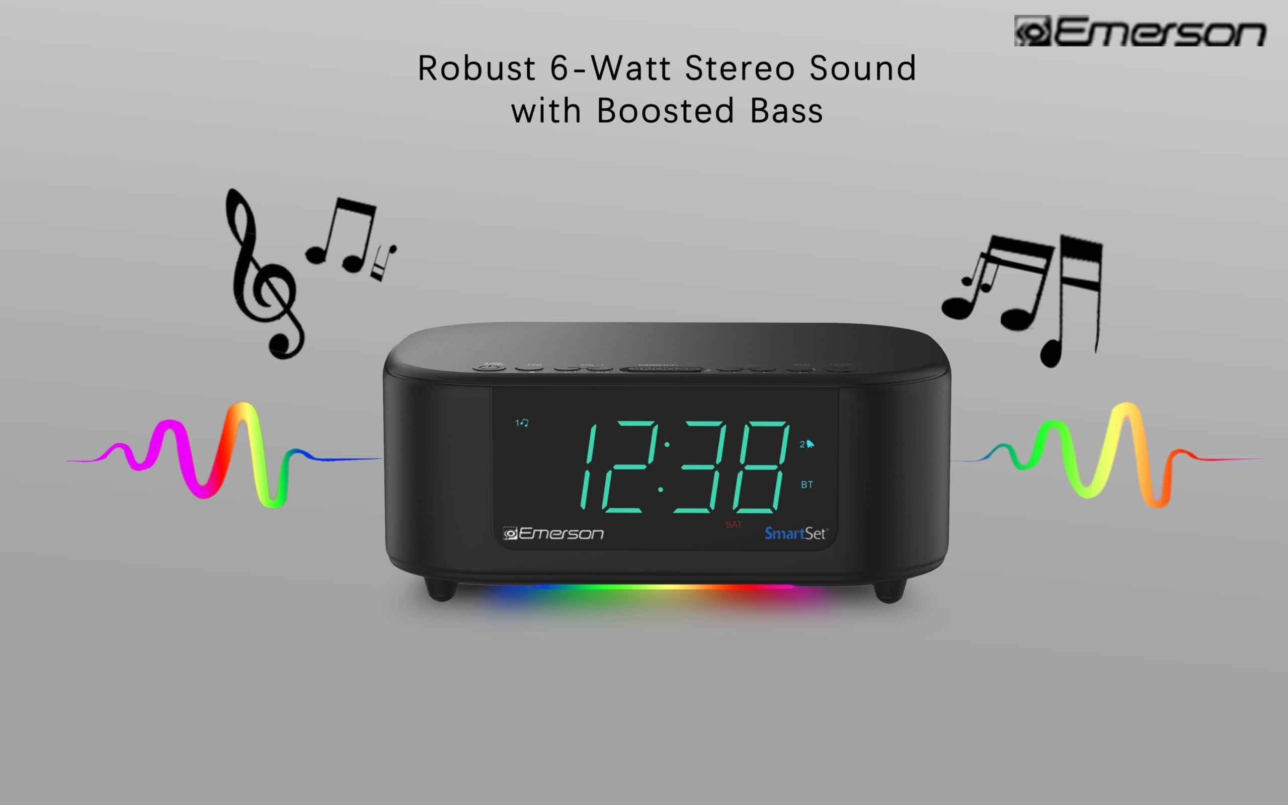 Emerson Emerson CKS8888 6-Watt Smartset Stereo Sound Bluetooth Speaker AM/FM Radio with 7-Color Changing Lights, 1.2 Cyan Display and USB Type-C Charging, Black