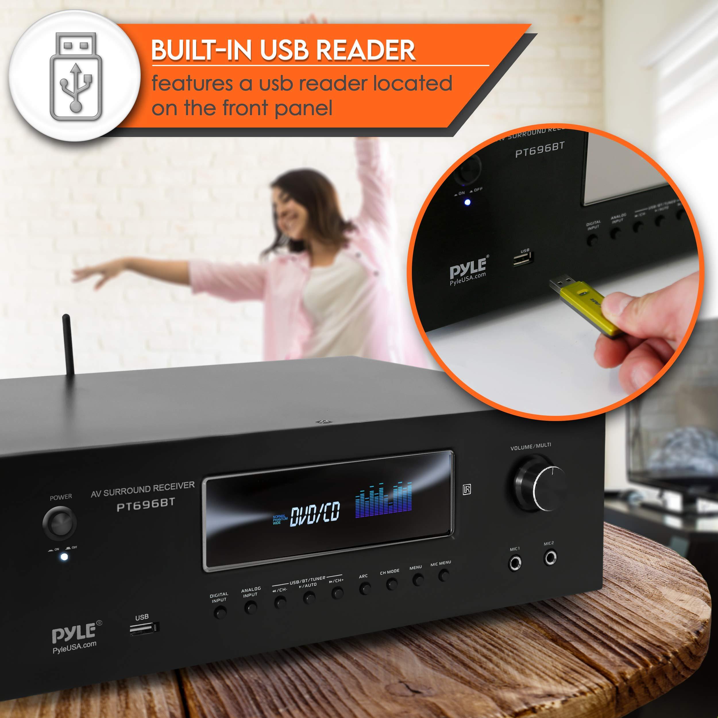 Pyle Pyle 1000W Bluetooth Home Theater Receiver - 5.2 Channel Surround Sound Stereo Amplifier System with 4K Ultra HD, 3D Video & Blu-Ray Video Pass-Through Support, HDMI/MP3/USB/AM/FM Radio, Black