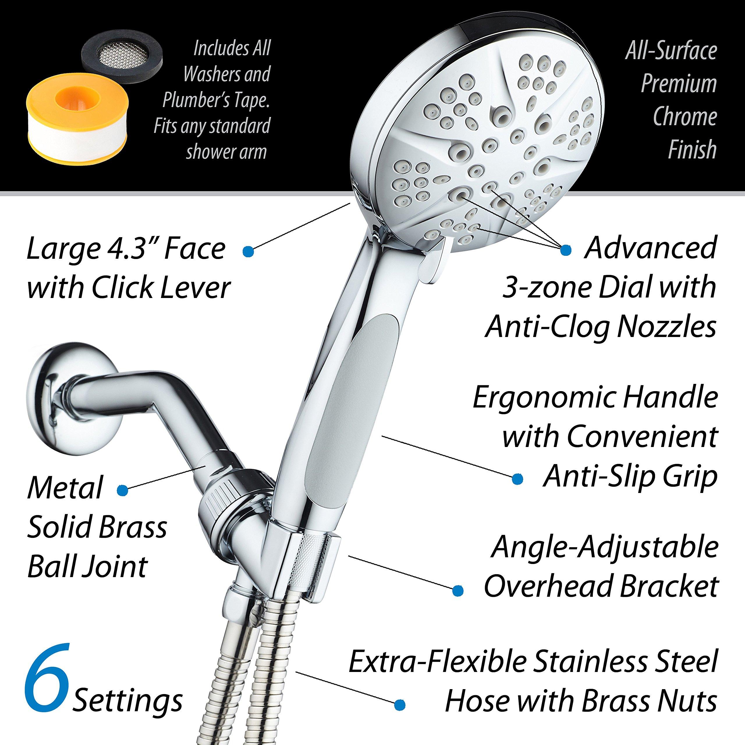 Hotel Spa NOTILUS Giant High-Pressure 6-setting Luxury Rain/Handheld Shower Head - Anti-Slip Grip, Metal Fittings, Anti-Clog Jets, Heavy-Duty Stainless Steel Hose - All-Chrome Finish
