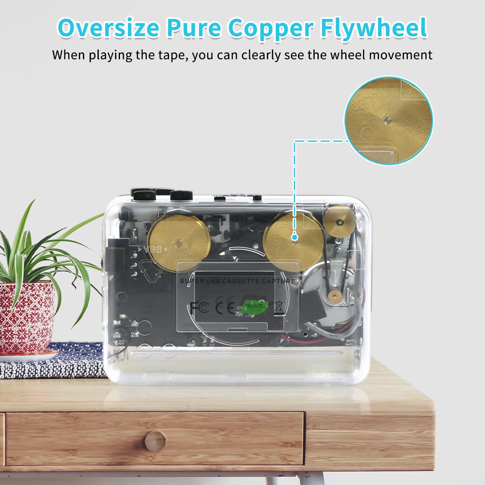 Burtowic Cassette Player- Clear StereoAuto Reverse Cassette Tape Player-Cassette Tape to MP3 Converter with Tape Converter Software-Built-in Cool Copper Wheel MovementEarphone