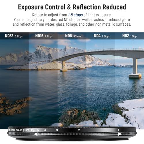 NEEWER NEEWER 62mm True Colors Hard Stop Variable ND Filter ND2-32 (1-5 Stops) Limited Neutral Density Filter, Multi Coated HD Optical Glass/No X Cross/Aluminum Frame/Water/Scratch/Fingerprint Resistant