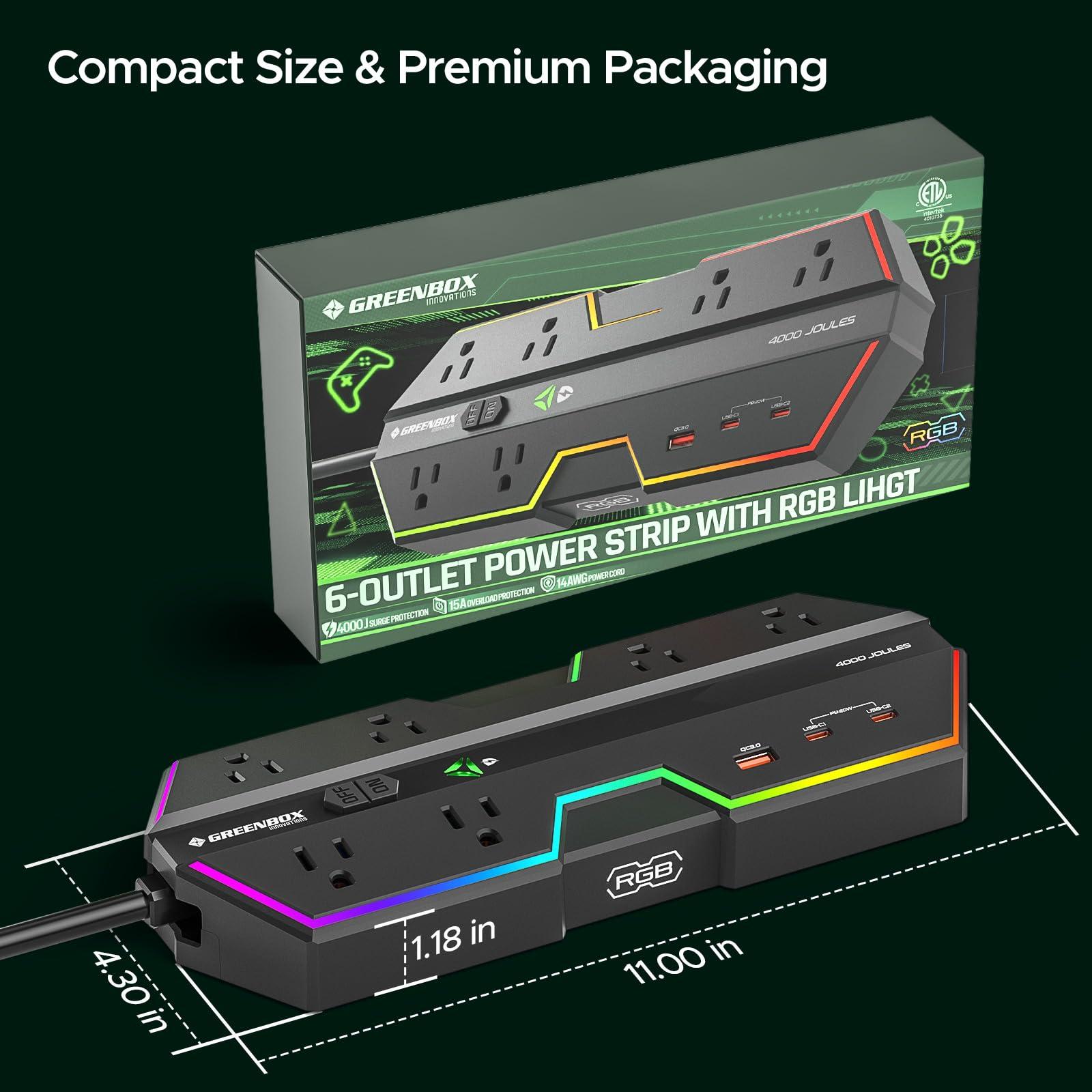 Green Box Innovations 4000J Surge Protector Power Strip with USB Ports, 6 Outlet Power Strip with RGB Lights and PD 20W Fast Charging, Wide-Spaced Outlet Perfect for e-Sports, Game PC, Home and Offices