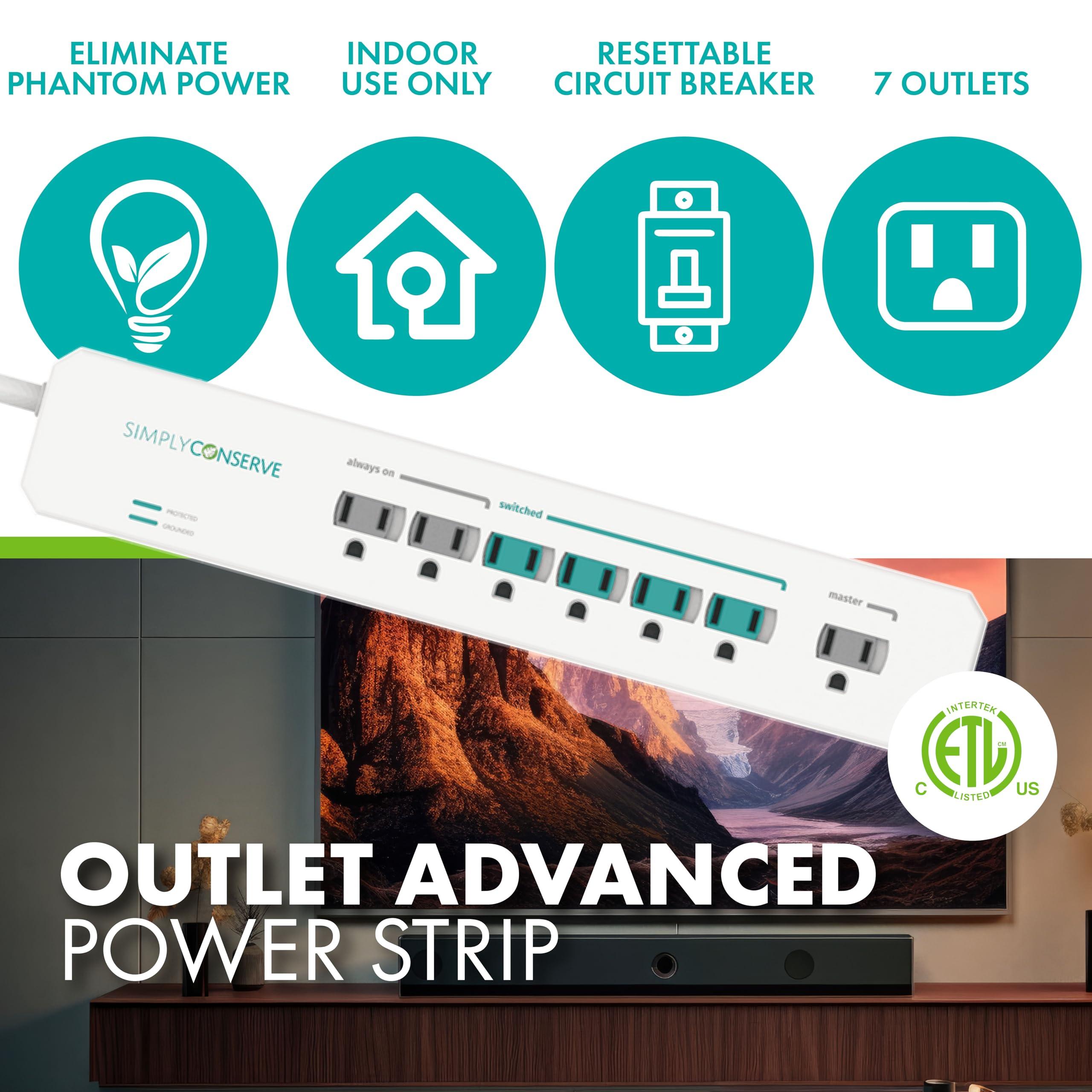 Simply Conserve Simply Conserve Advanced Power Strip SC73T1, Surge Protector Outlets, White Power Strip Extension Cord with Multiple Outlets, Power Surge Strip for Electronics, Energy Saver Device