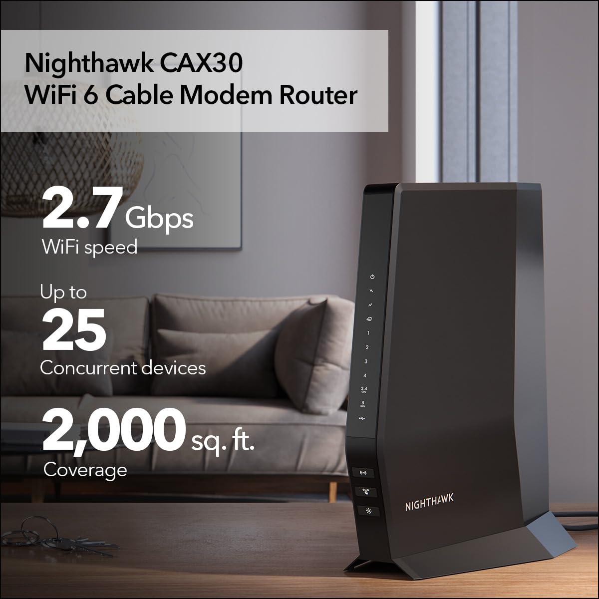 NETGEAR NETGEAR Nighthawk Modem Router Combo (CAX30) DOCSIS 3.1 Cable Modem and WiFi 6 Router - AX2700 2.7 Gbps - Compatible with Xfinity, Spectrum, Cox, and More - Gigabit Wireless Internet