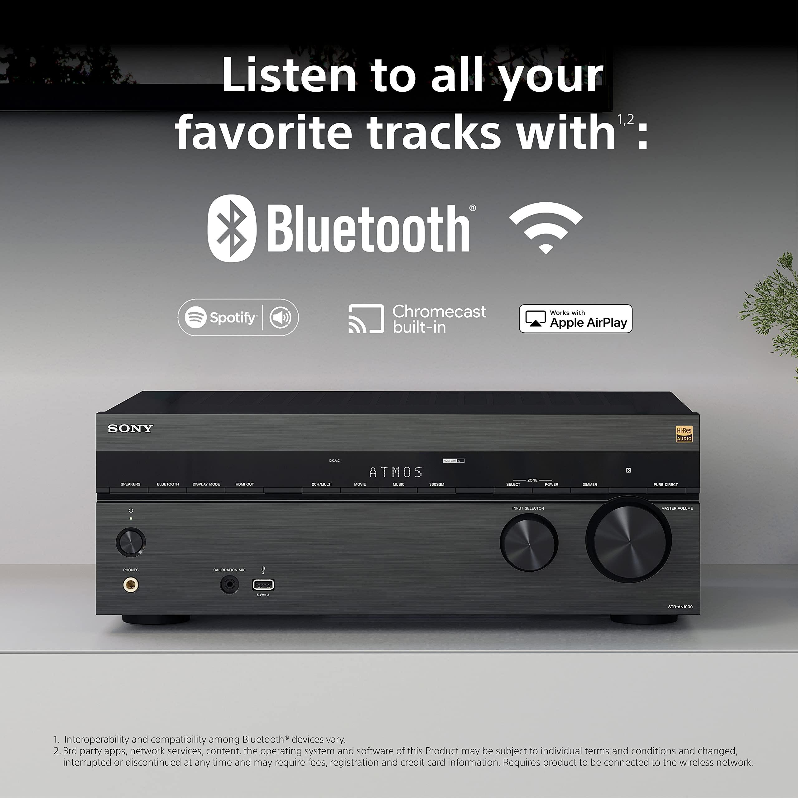 Sony Sony STR-AN1000 7.2 CH Surround Sound Home Theater 8K A/V Receiver: Dolby Atmos, DTS:X, Digital Cinema Auto Calibration IX, Bluetooth, WiFi, Google Chromecast, Spotify connect, Apple AirPlay, HDMI 2.1