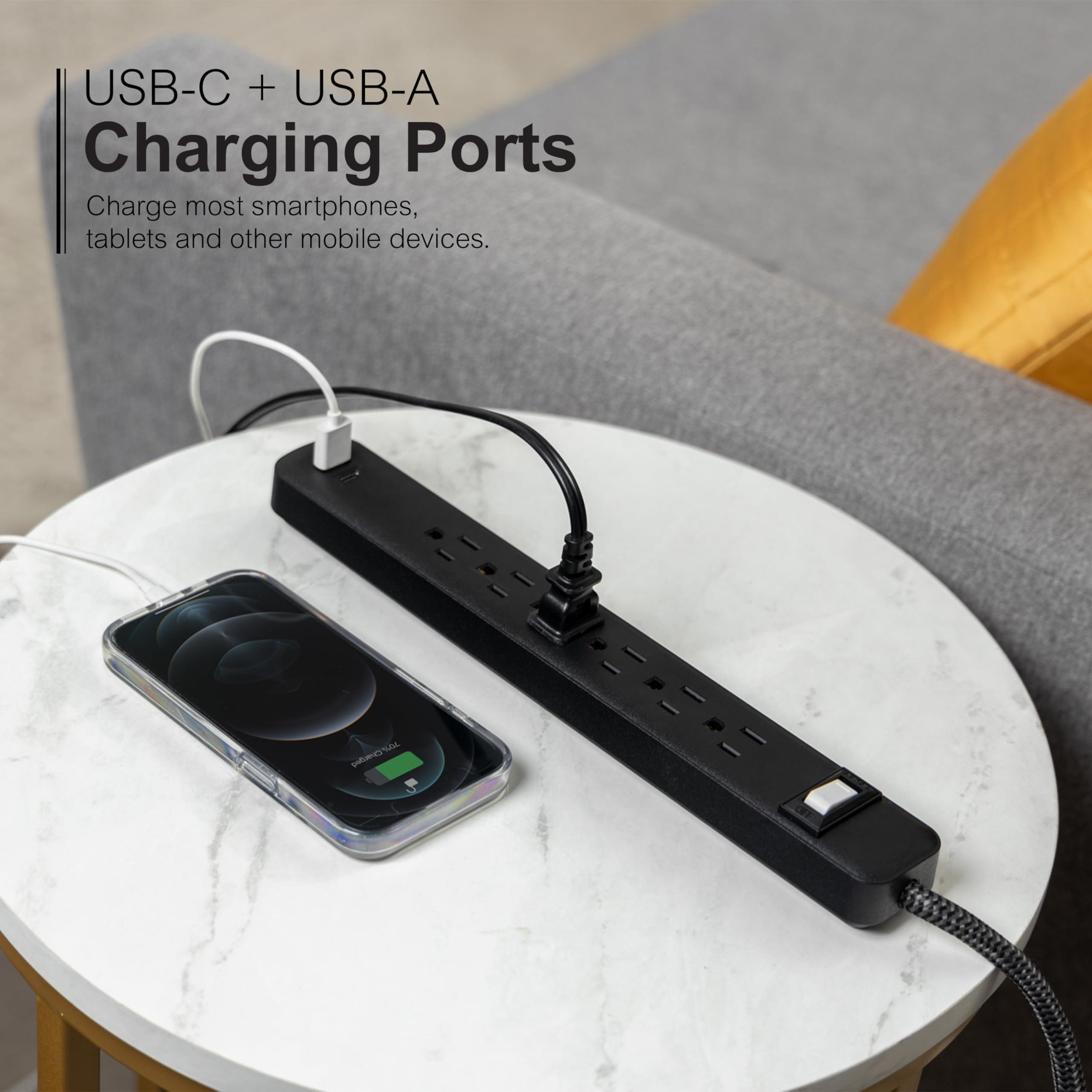 GE GE 6-Outlet Power Strip with USB, 1 USB-A, 1 USB-C, Outlet Extender, 6 Ft Braided Extension Cord, Flat Plug, Charging Station, Black, 82595
